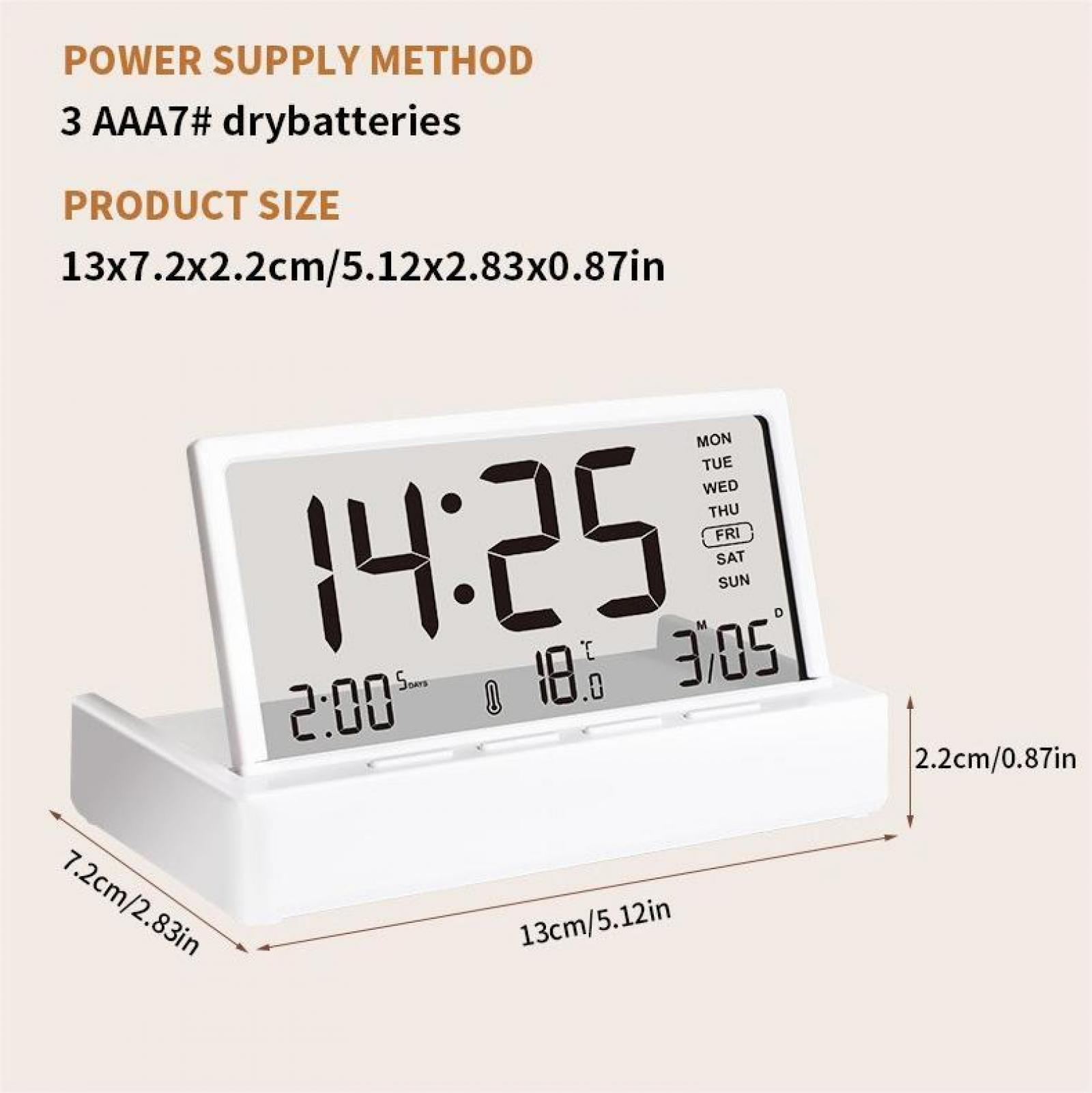 Weißer Digitalwecker mit Anzeige von 14:25 Uhr, Temperatur, Datum und Uhrzeit. Abmessungen und Stromversorgung.