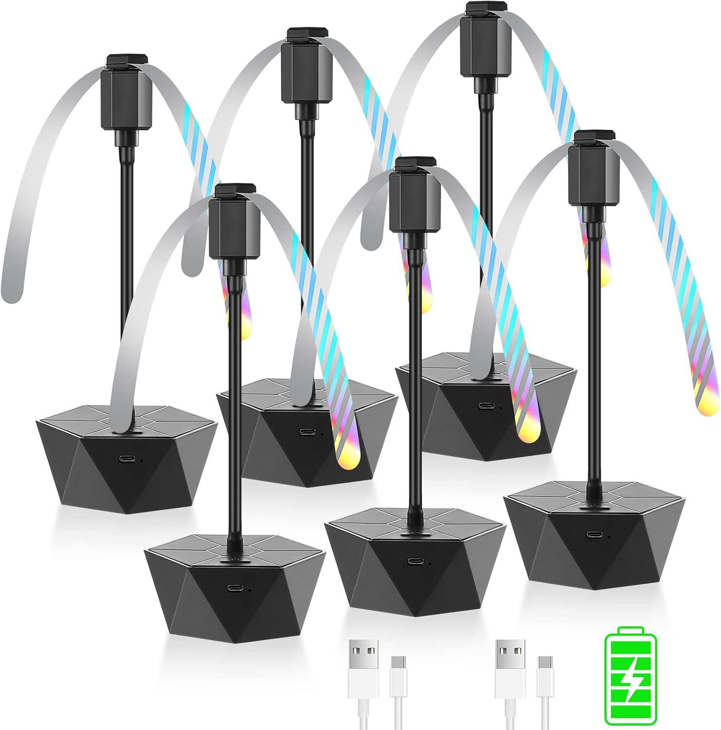 Sieben schwarze LED-Lampen mit gebogenen, irisierenden Lichtstreifen. USB-Kabel und Akkusymbol sind im Bild.