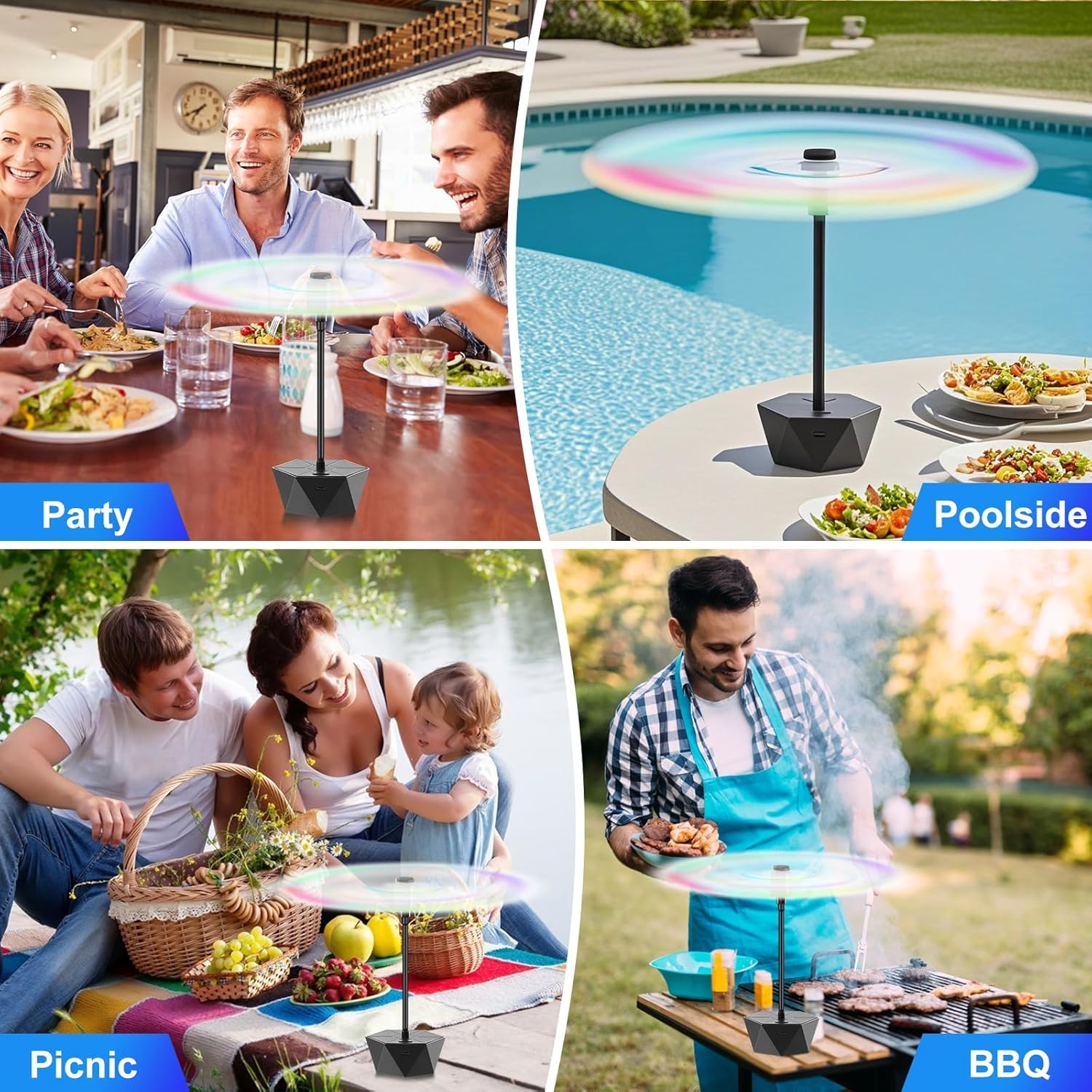 Vier Szenen: Party, Pool, Picknick und BBQ. Jede Szene zeigt ein Licht. Menschen essen, entspannen und kochen.