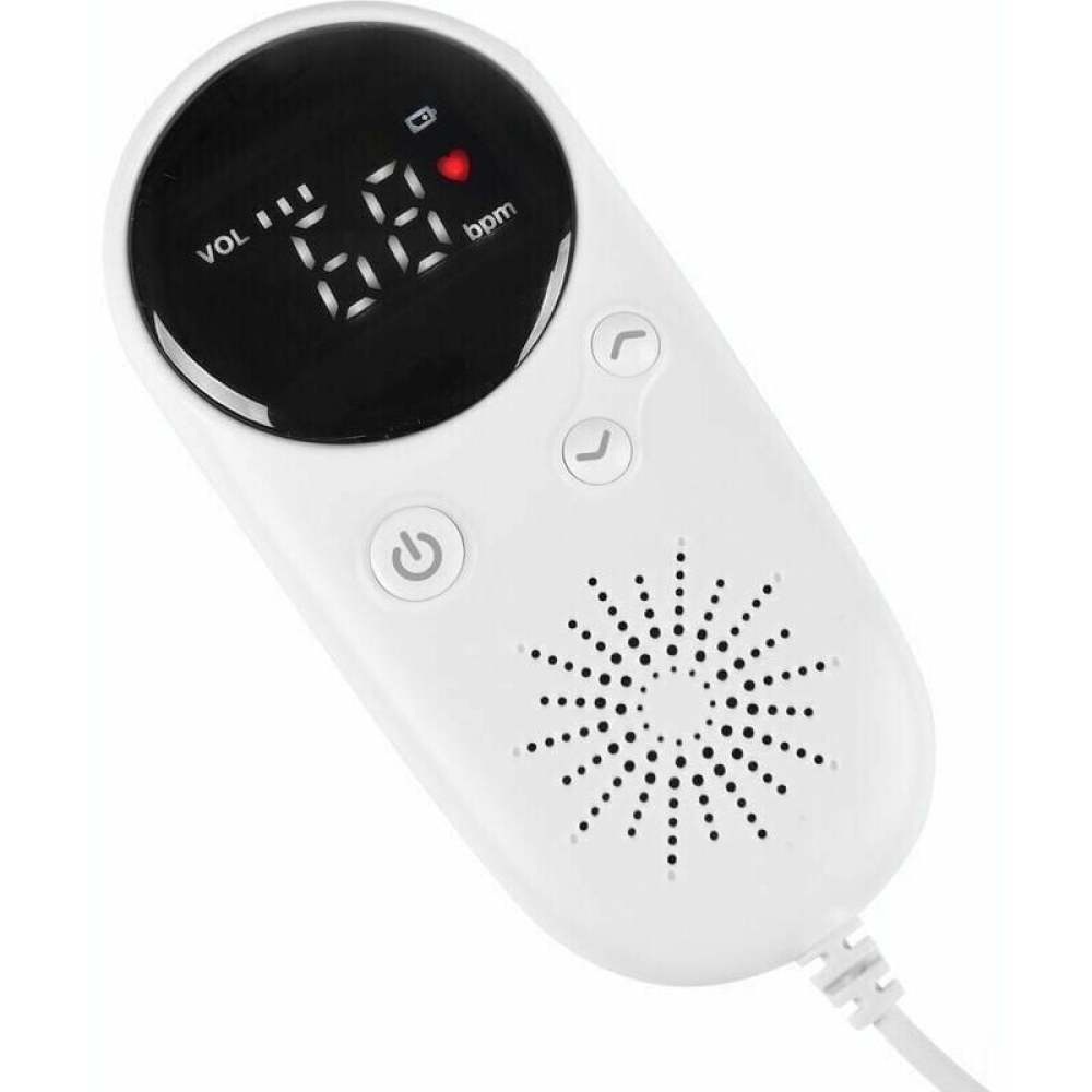 Ein weißer fetaler Doppler mit einem schwarzen Bildschirm, der '68 bpm' anzeigt. Es hat Knöpfe, einen Lautsprecher und ein Netzkabel.