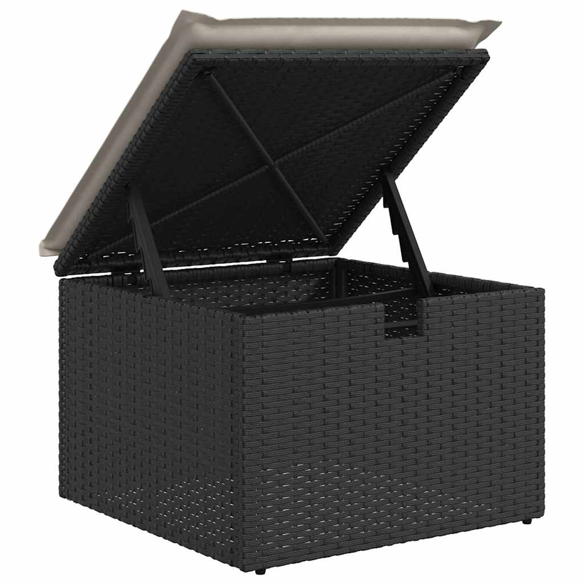 Schwarze Aufbewahrungsbox aus Korbgeflecht mit offenem Deckel. Der Deckel ist hellbeige und wird von schwarzen Metallstützen gehalten.