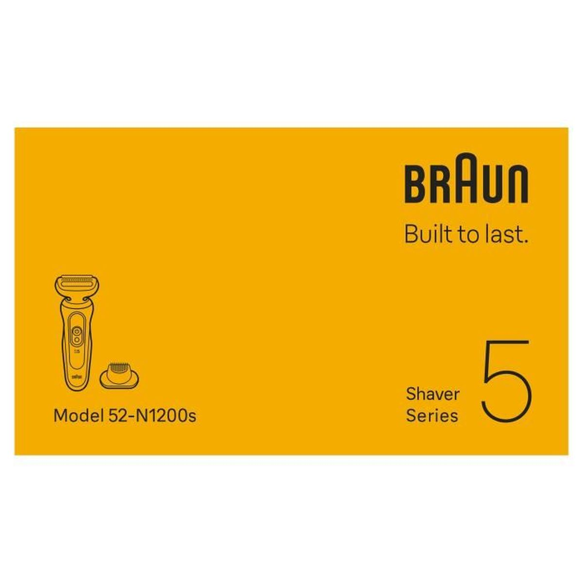 Braun tıraş makinesi kutusu. Sarı zemin üzerinde tıraş makinesi anahtarı ve metin: Braun Built to last. Seri 5. Model 52-N1200s.