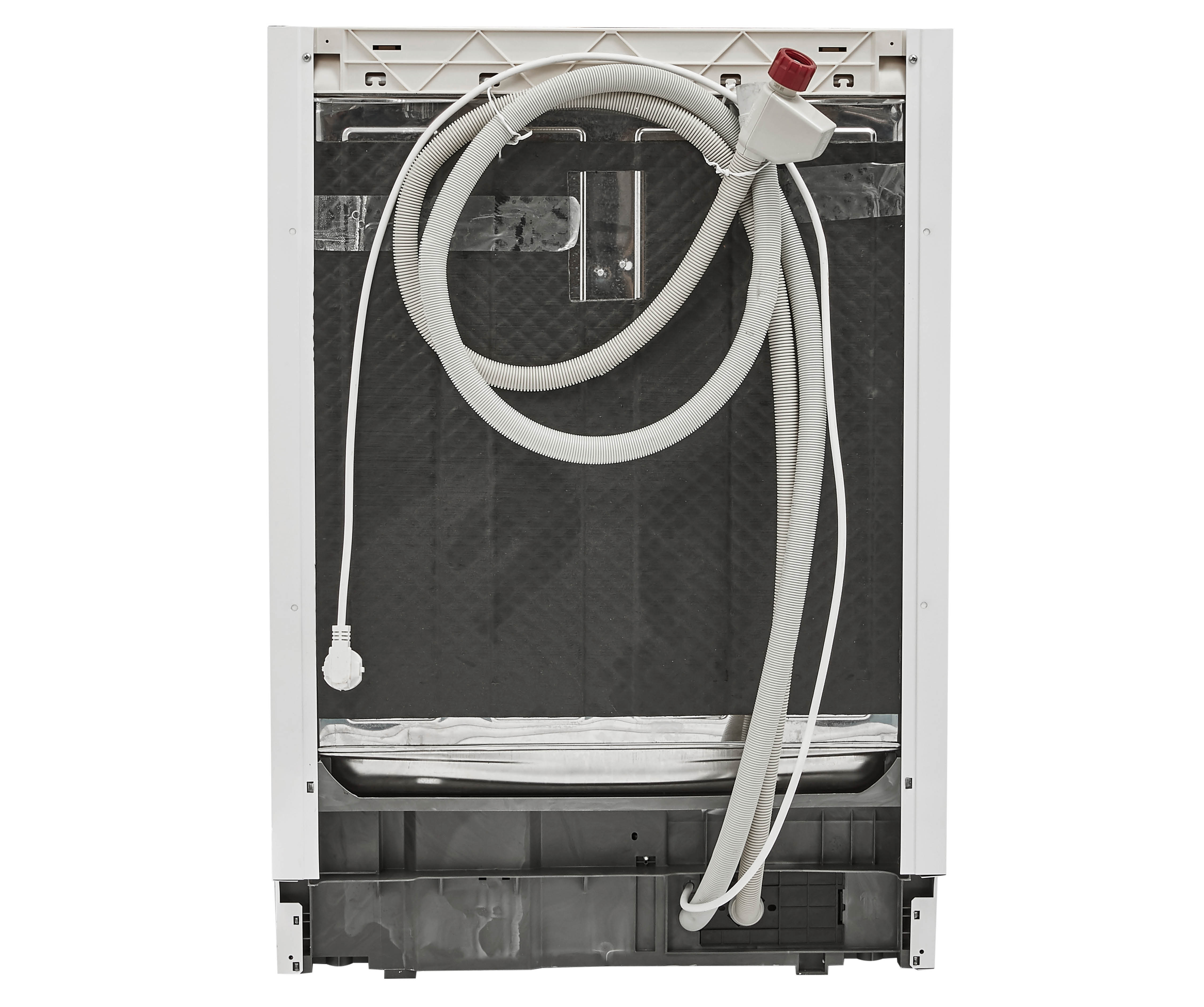 Achterkant van een vaatwasser met slangen, elektrische componenten en een rood-afgedopte connector tegen een zwart interieur.