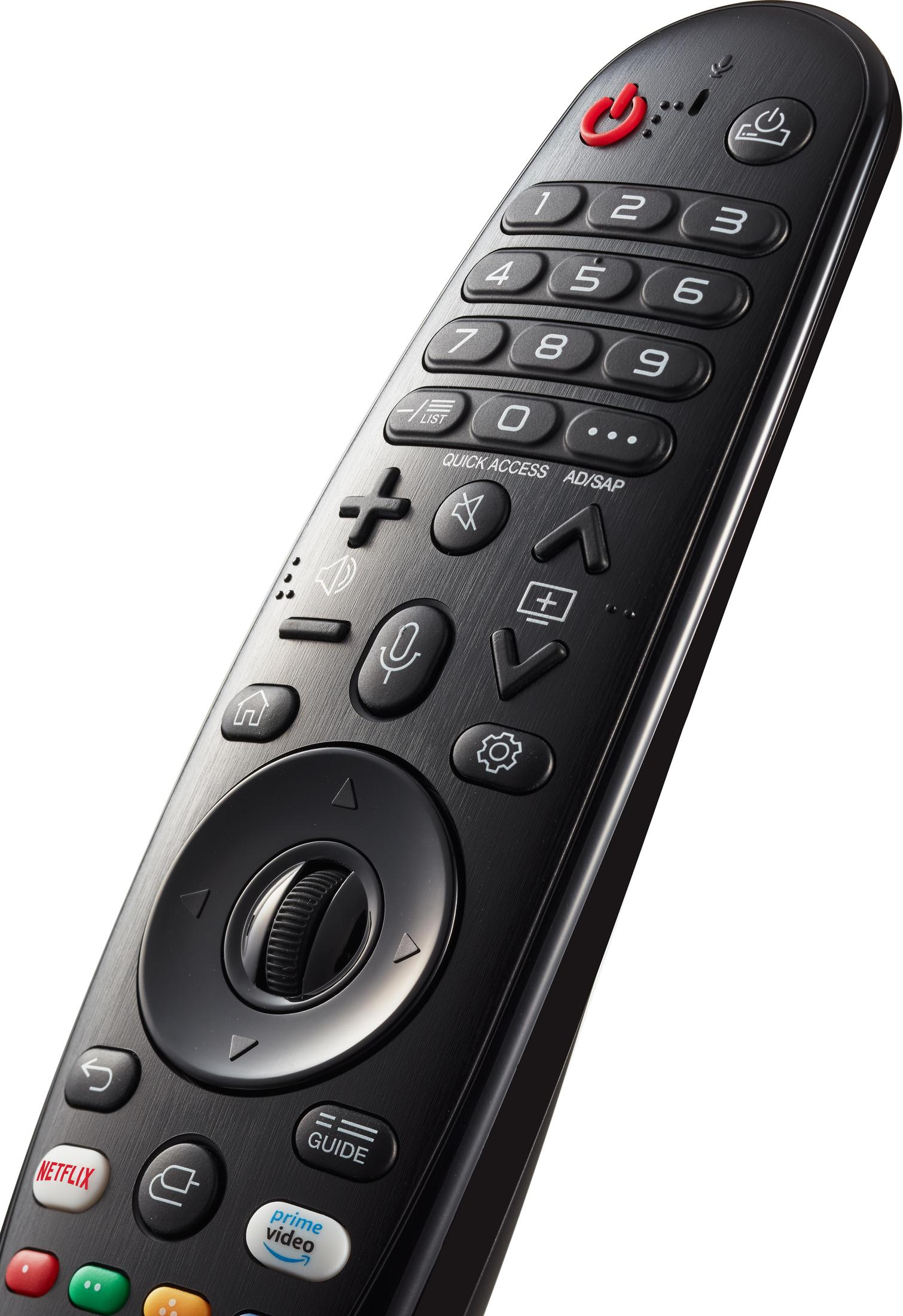 Un mando a distancia LG negro con varios botones como números, Netflix y controles de volumen. Un botón rojo de encendido en la parte superior.