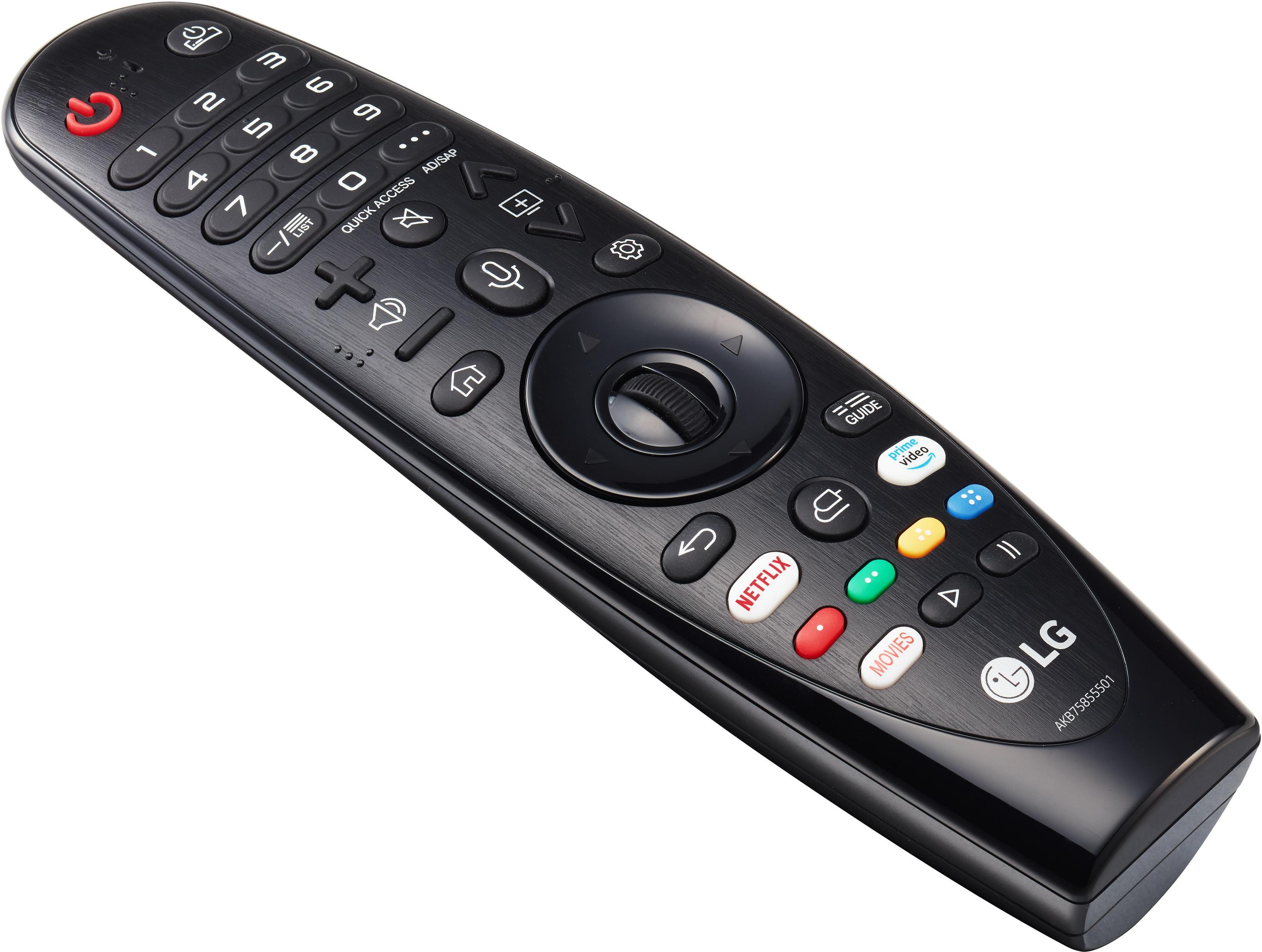 Mando a distancia negro de TV LG. Tiene botones para encendido, números, volumen, Netflix y otros servicios de streaming.