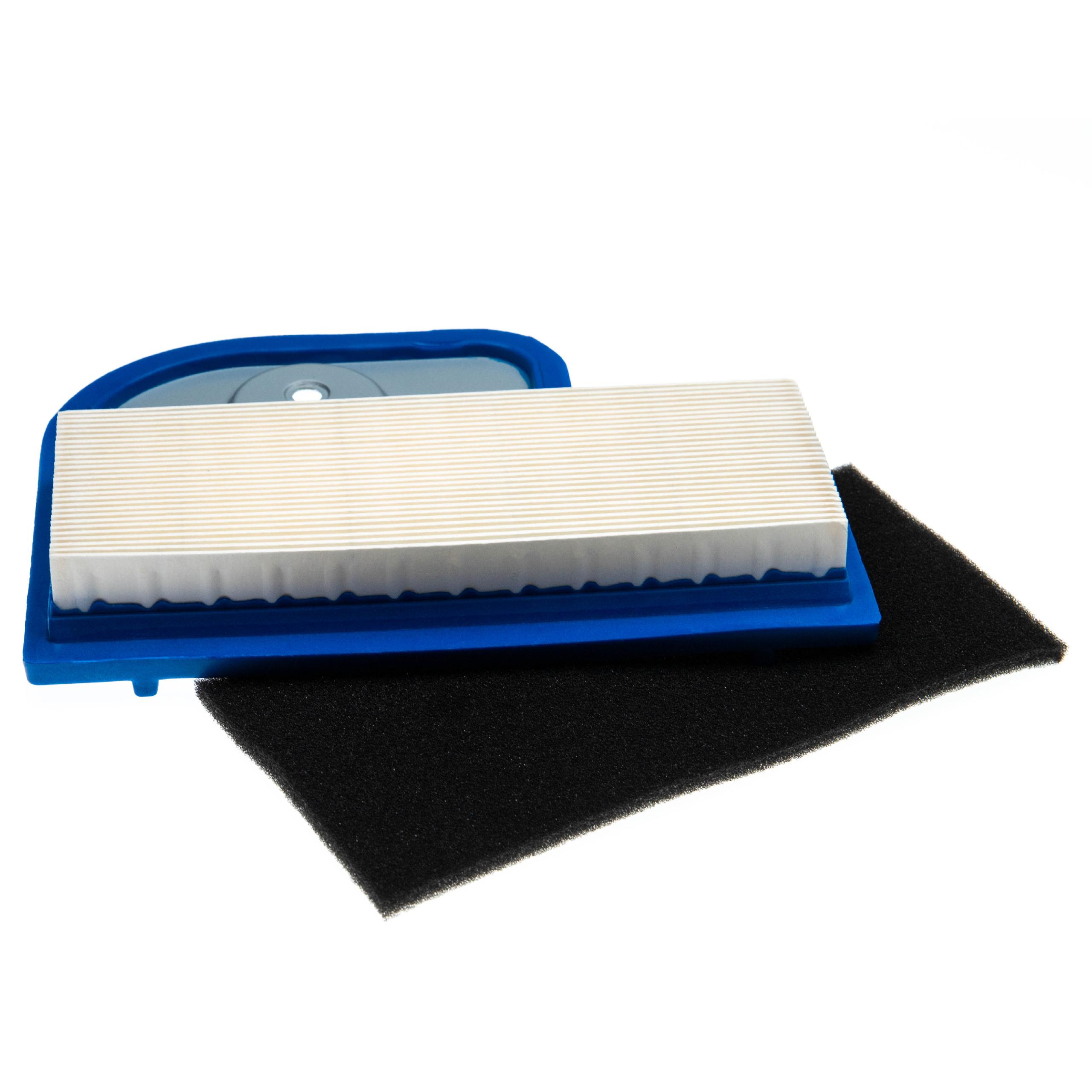 Eine Luftfilterbaugruppe. Sie hat einen blauen Rahmen mit einem weißen Filter und einem schwarzen Schaumstofffilter.