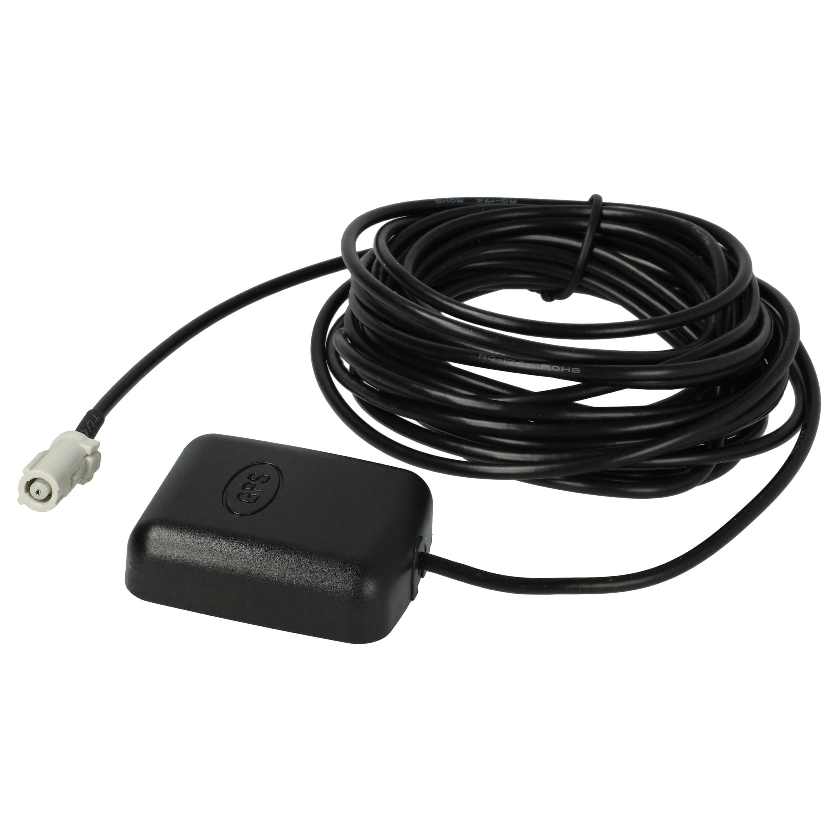 Eine schwarze GPS-Antenne mit einem aufgerollten schwarzen Kabel und einem Stecker. Die Antenne ist mit 'GPS' beschriftet.
