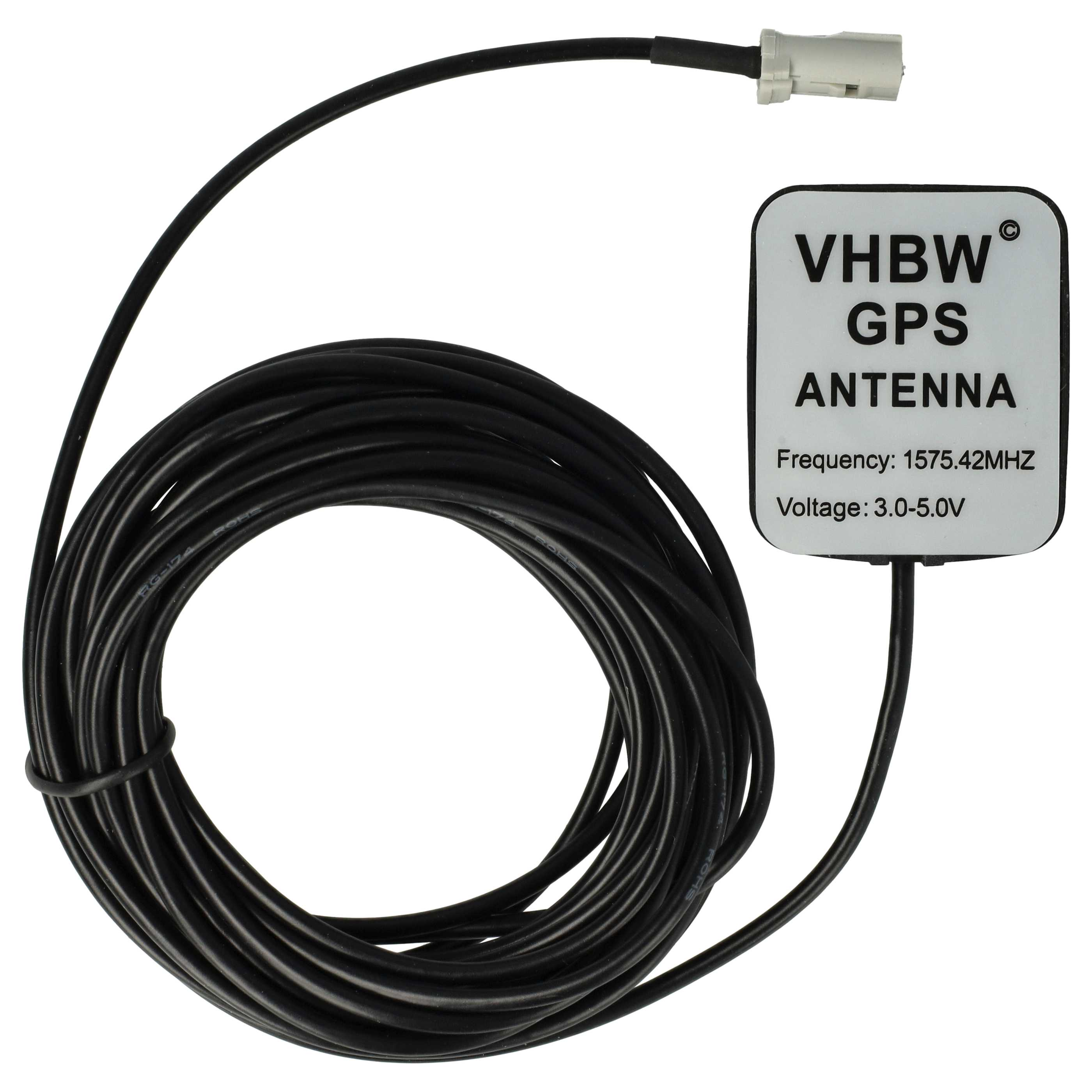 Eine schwarze GPS-Antenne mit weißem Etikett. Auf dem Etikett steht 'VHBW GPS ANTENNA' mit Frequenz- und Spannungsinformationen.