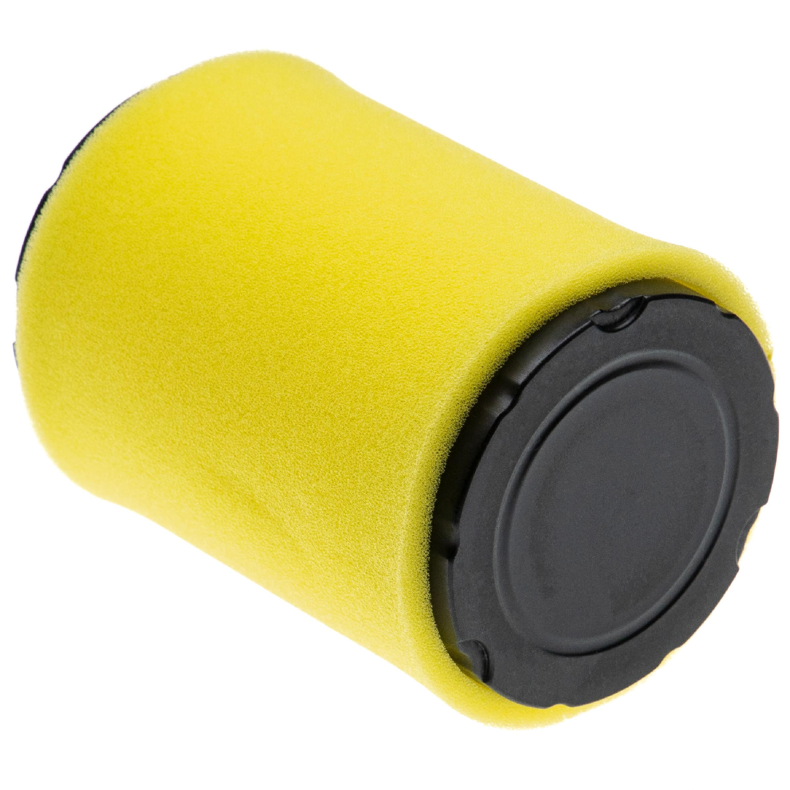 Ein zylindrischer Luftfilter. Er hat einen gelben, porösen Schaumstoffkörper und eine schwarze Kunststoffbasis.