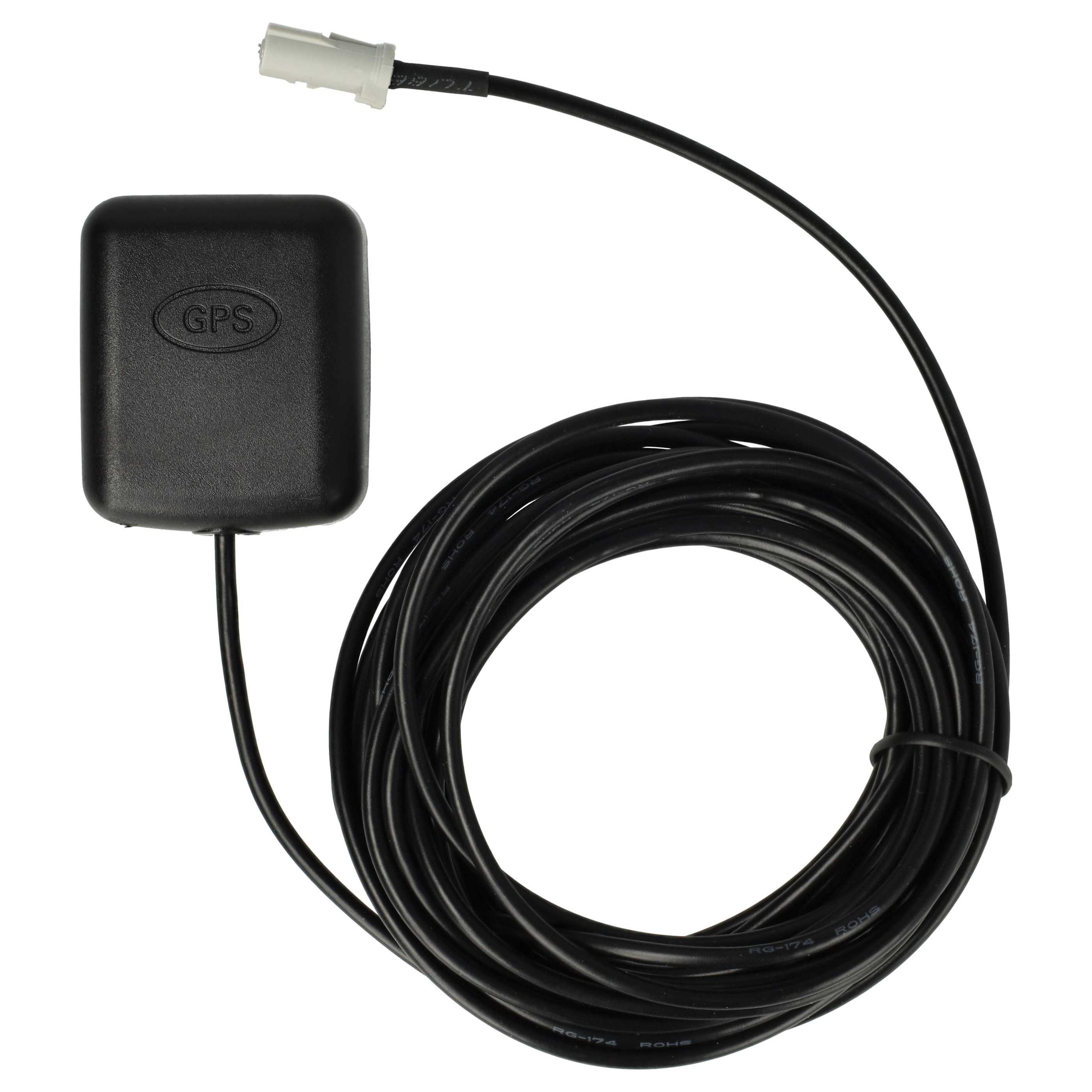 Ein schwarzer GPS-Empfänger mit einem aufgerollten schwarzen Kabel. Am Ende des Kabels befindet sich ein weißer Stecker. Der Hintergrund ist weiß.