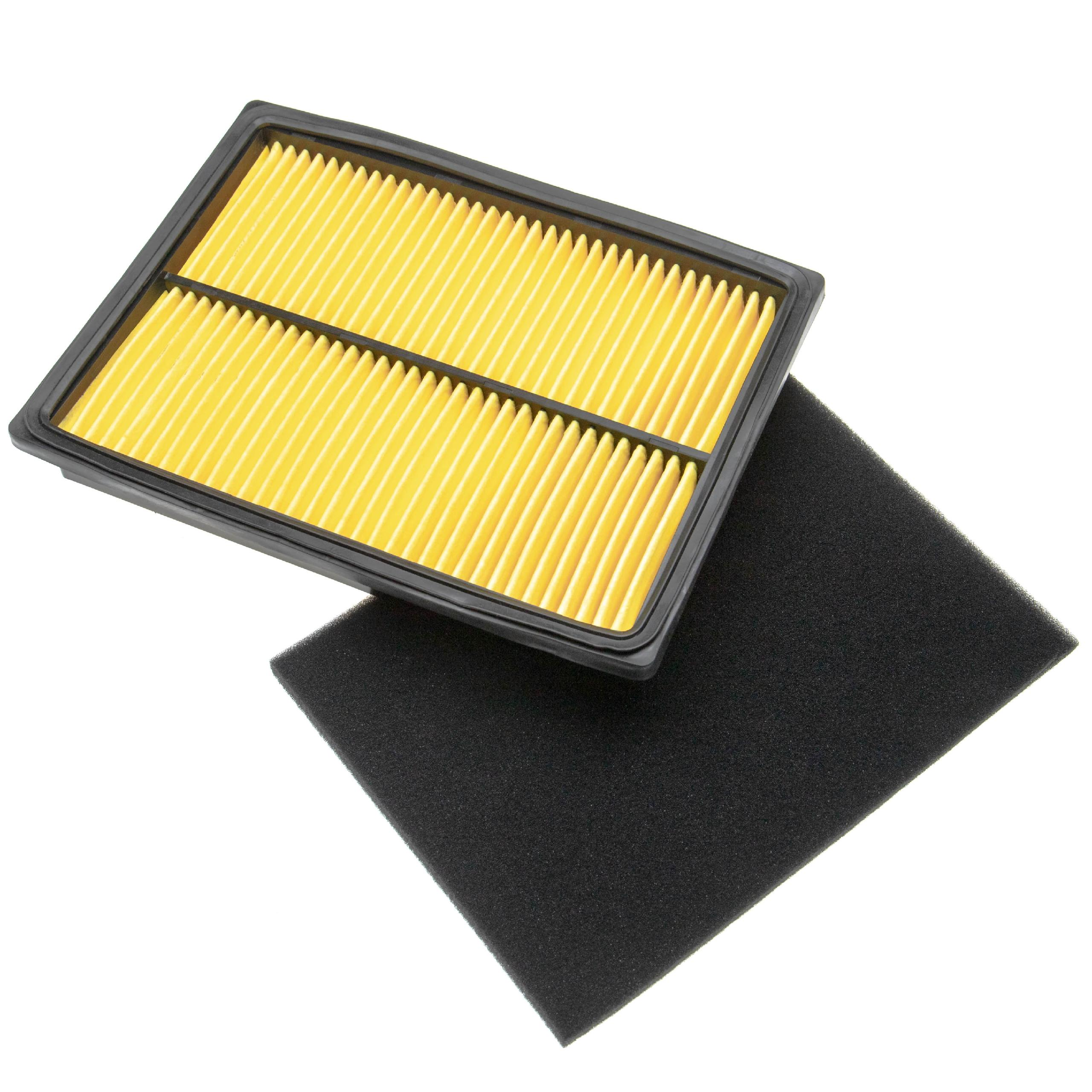 Ein Luftfilter mit gelbem Filtermaterial und einem schwarzen Rahmen, neben einem schwarzen Schaumstofffilter, beides auf weißem Hintergrund.