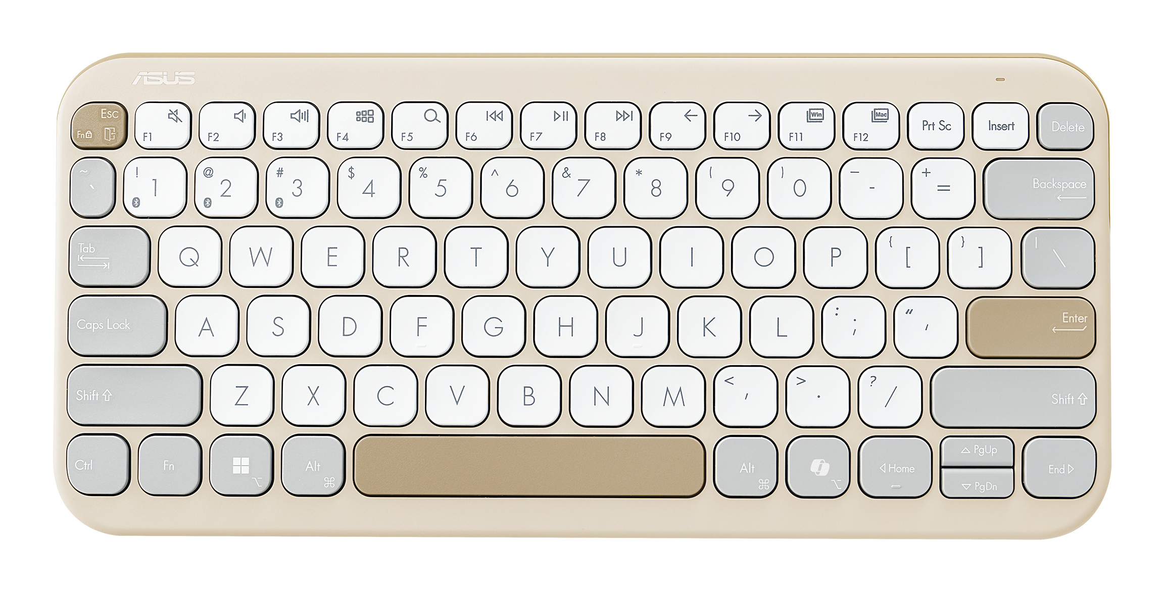 Una tastiera ASUS beige e bianca. Ha tasti standard, funzione e controllo multimediale. Il layout è compatto.