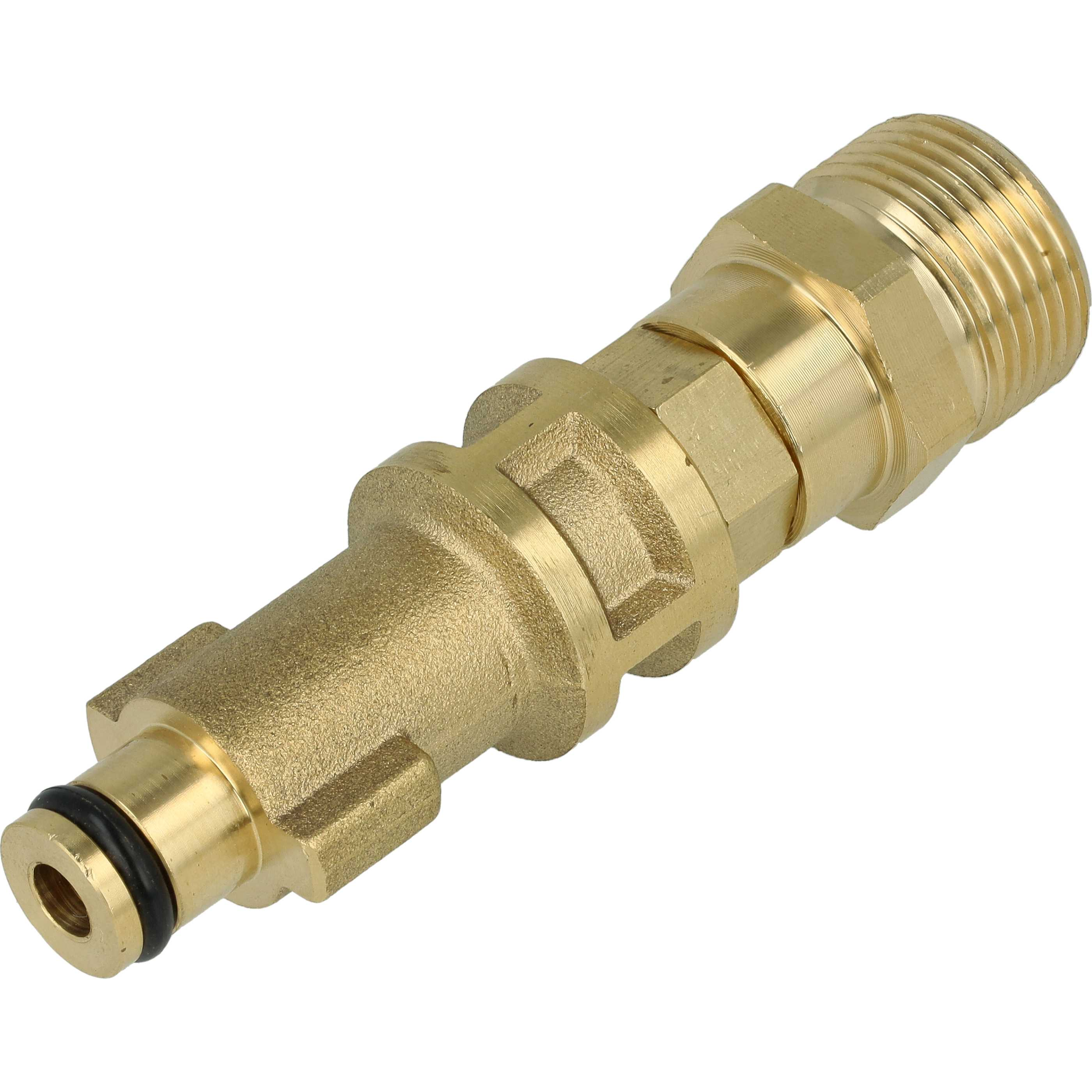 Ein Messing-Steckadapter für den Anschluss von Komponenten. Es hat ein Gewindeende und eine Düse mit O-Ring.