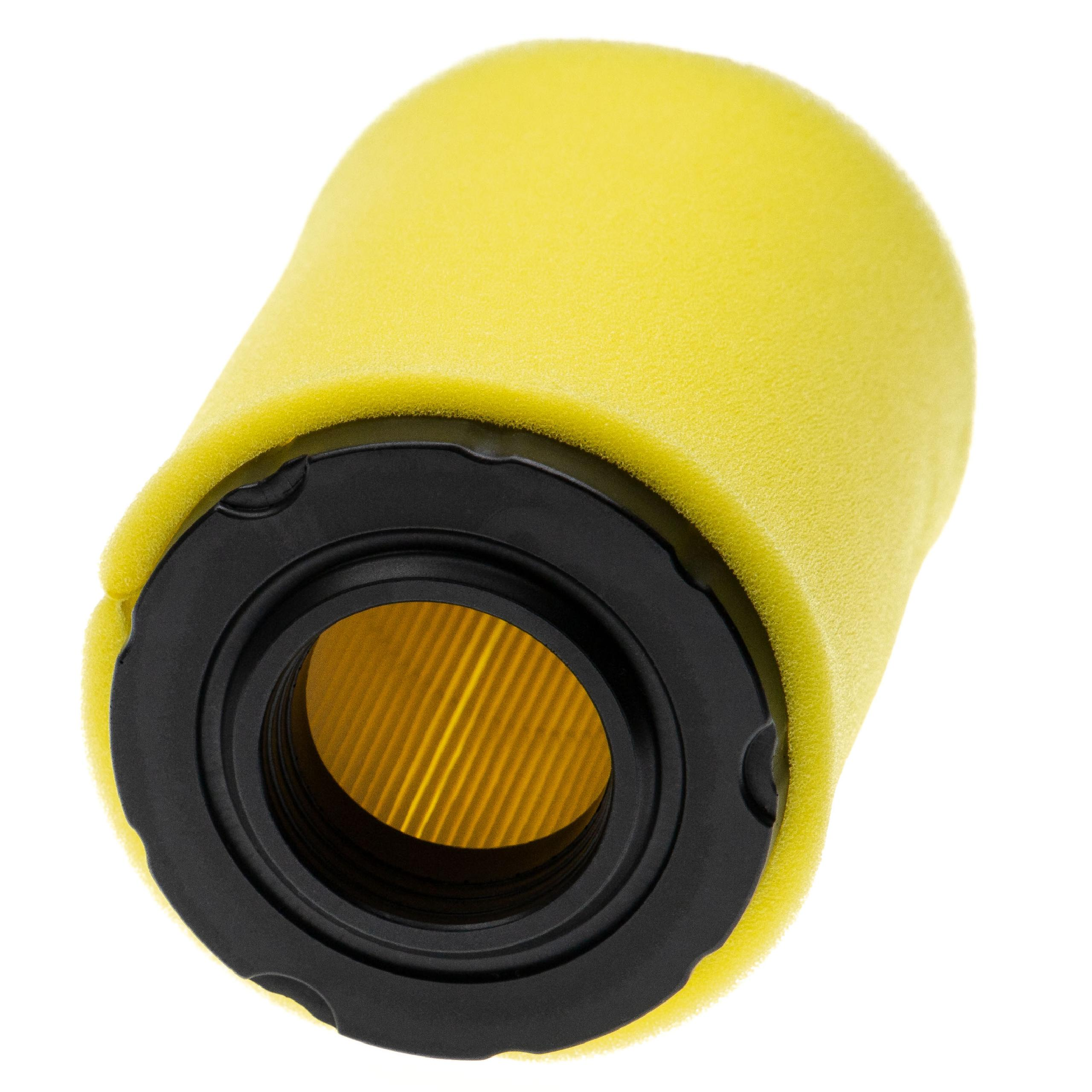 Ein Luftfilter mit gelbem Schaumstoff außen und einem schwarzen Innenring, auf weißem Hintergrund.