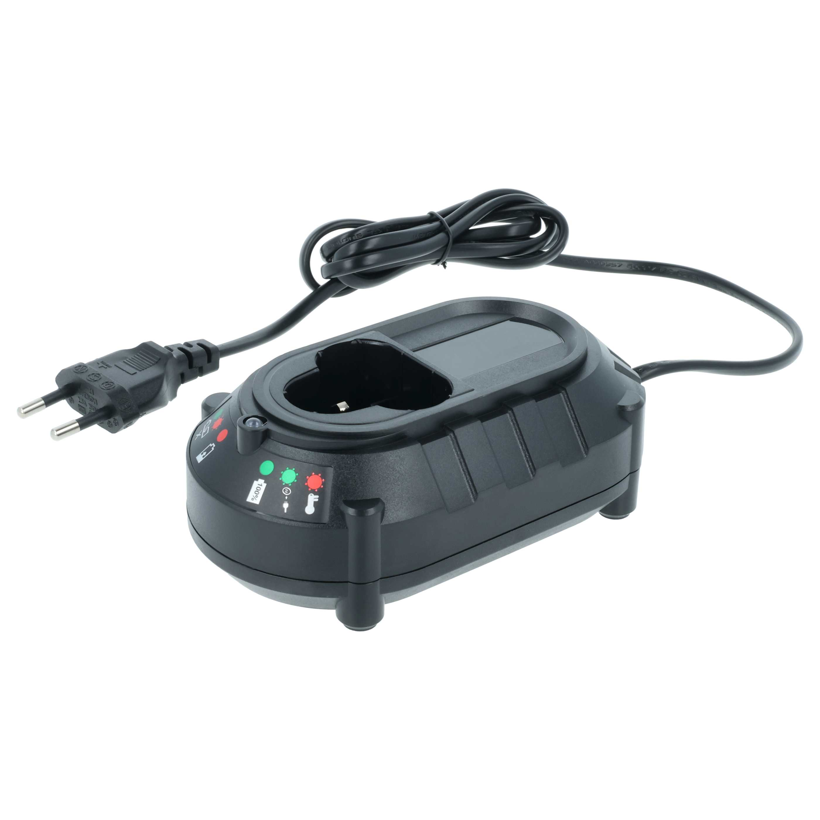 Ein schwarzes Batterieladegerät mit schwarzem Kabel und Stecker. Es hat grüne und rote Kontrollleuchten. Weißer Hintergrund.