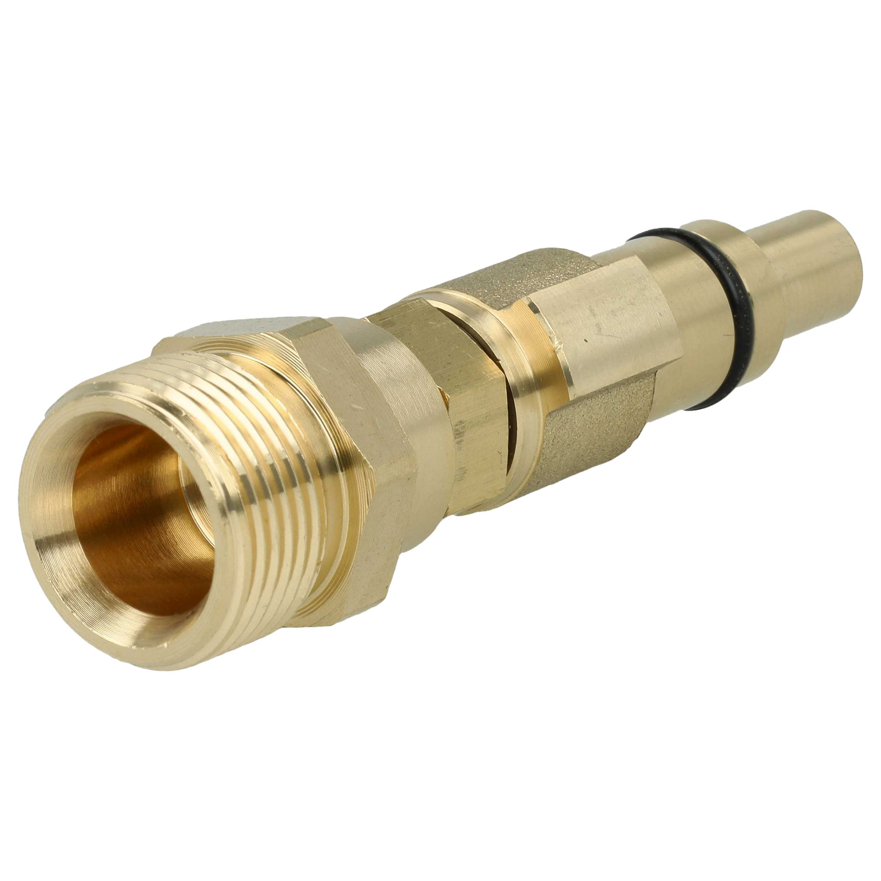 Ein Messingfitting mit Außengewinde, einem schwarzen O-Ring und einem glatten Ende. Der Hintergrund ist weiß.
