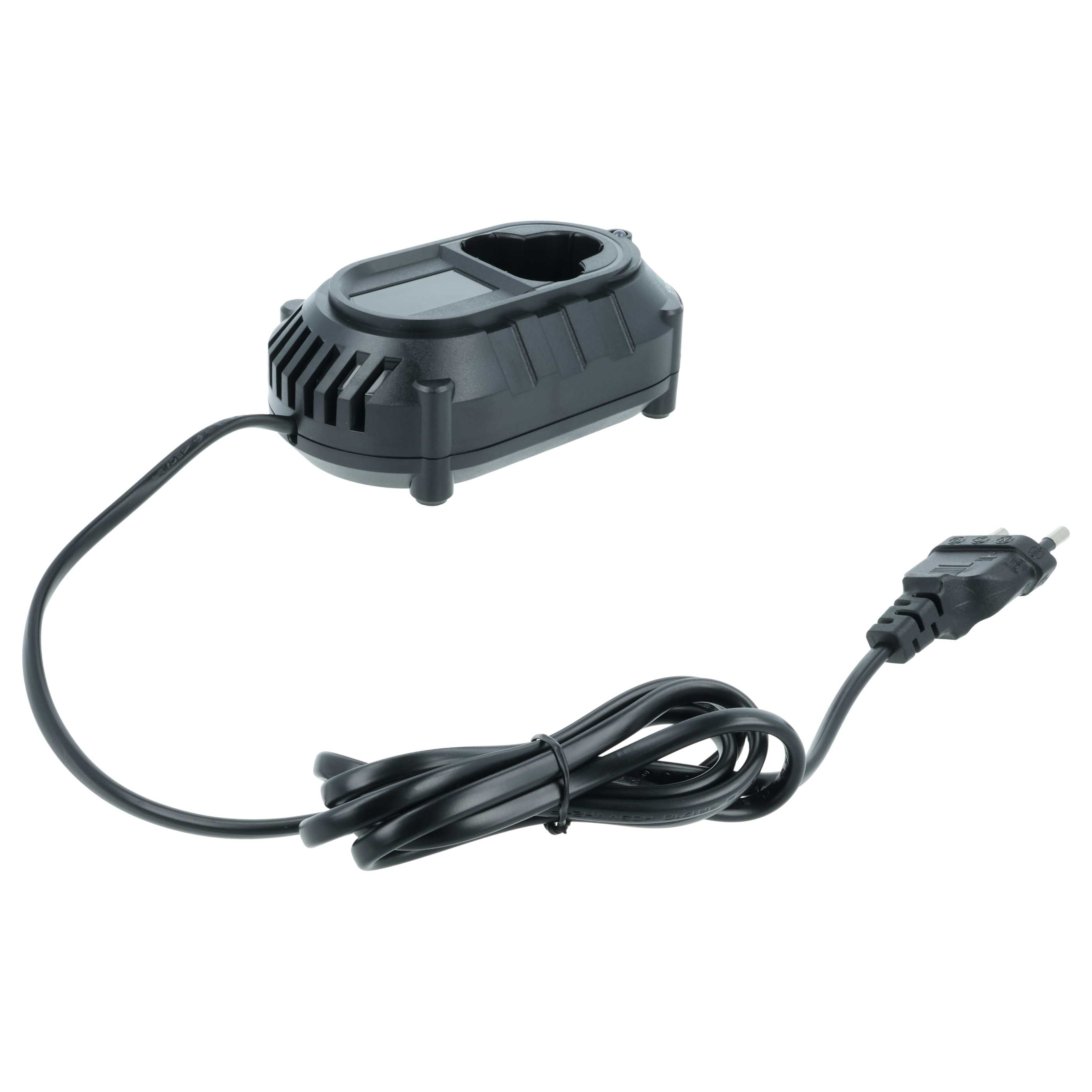 Ein schwarzes Batterieladegerät mit schwarzem Kabel und Stecker. Es ist vor weißem Hintergrund.