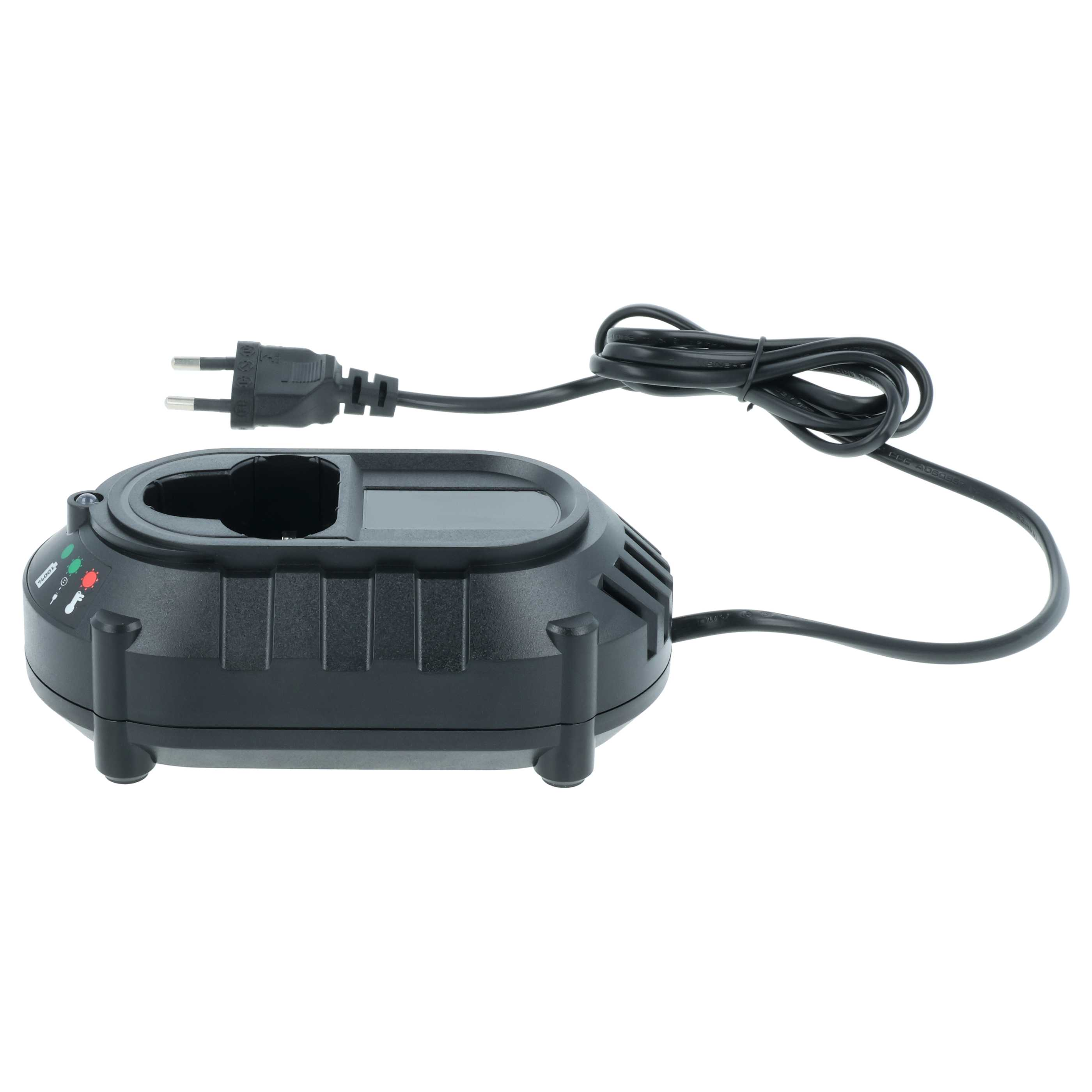 Ein schwarzes Batterieladegerät mit Netzkabel und Stecker auf weißem Hintergrund. Das Ladegerät hat einen Ladeschacht.