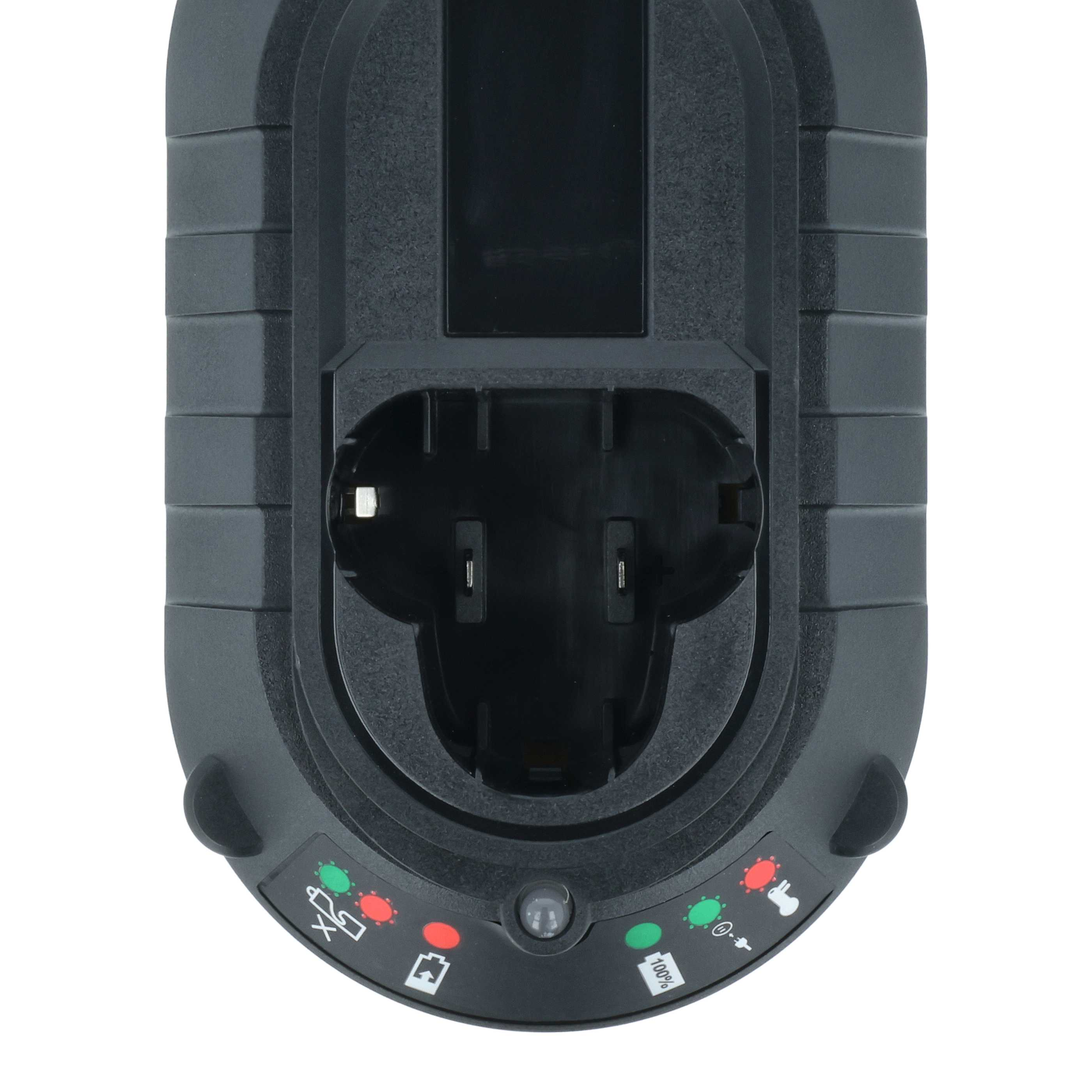 Ein schwarzes Batterieladegerät. Es hat einen zentralen Ladeschacht, Kontrollleuchten und ein strukturiertes, geschichtetes Design.