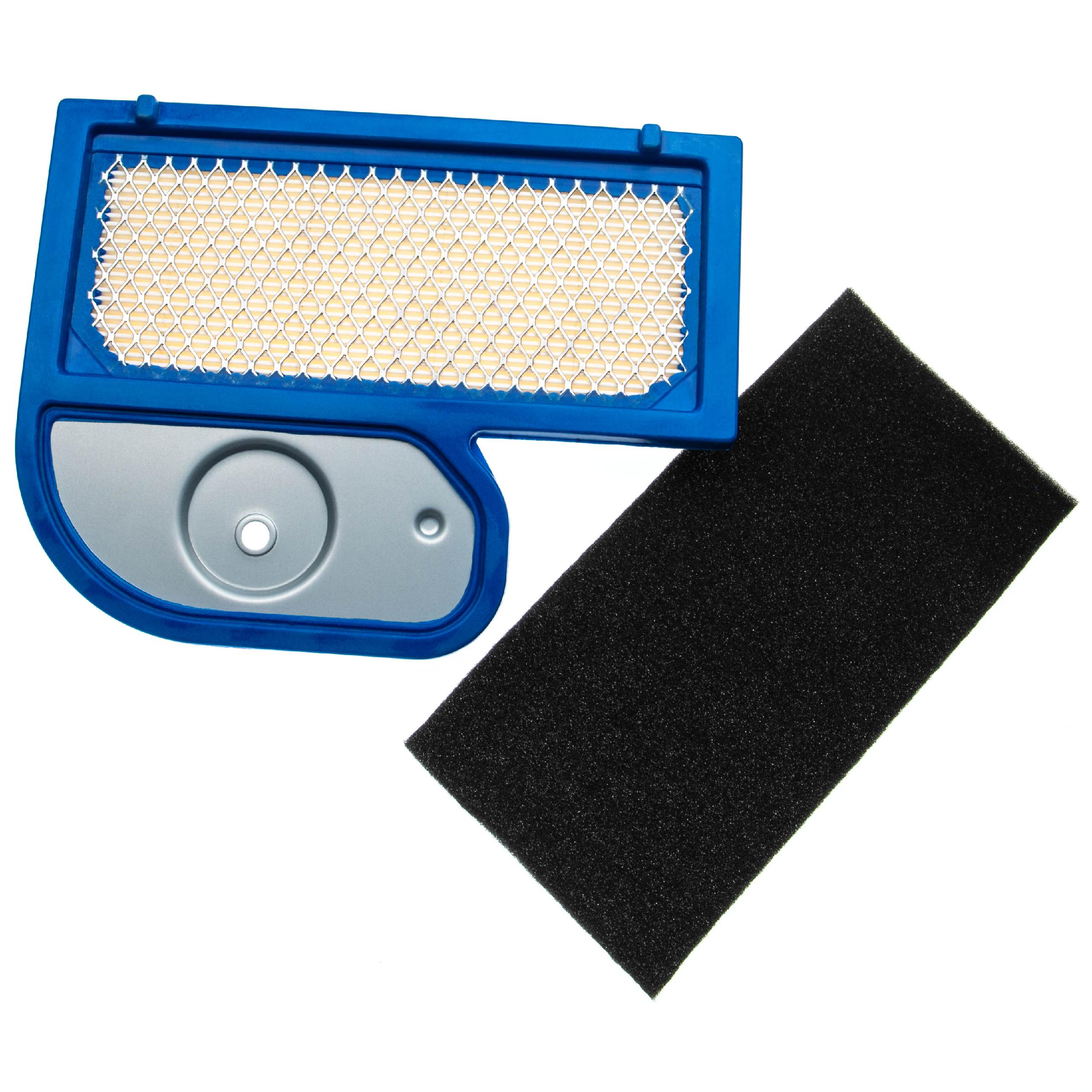 Ein Luftfilter mit blauem Rahmen, beigefarbenem Filter und schwarzem Schaumstofffilter auf weißem Hintergrund.