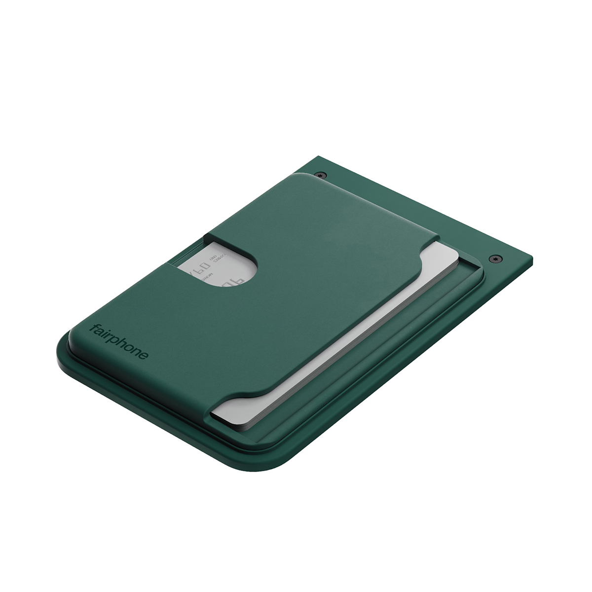 Un portacarte verde Fairphone con una carta parzialmente visibile. Il portacarte è aperto, mostrando l'interno e il logo.