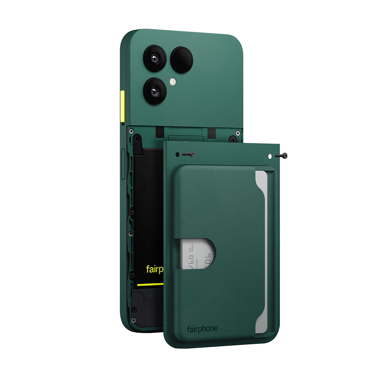 Fairphone verde con porta carte rimovibile. La parte posteriore del telefono è aperta. Una carta di credito è visibile all'interno del supporto.