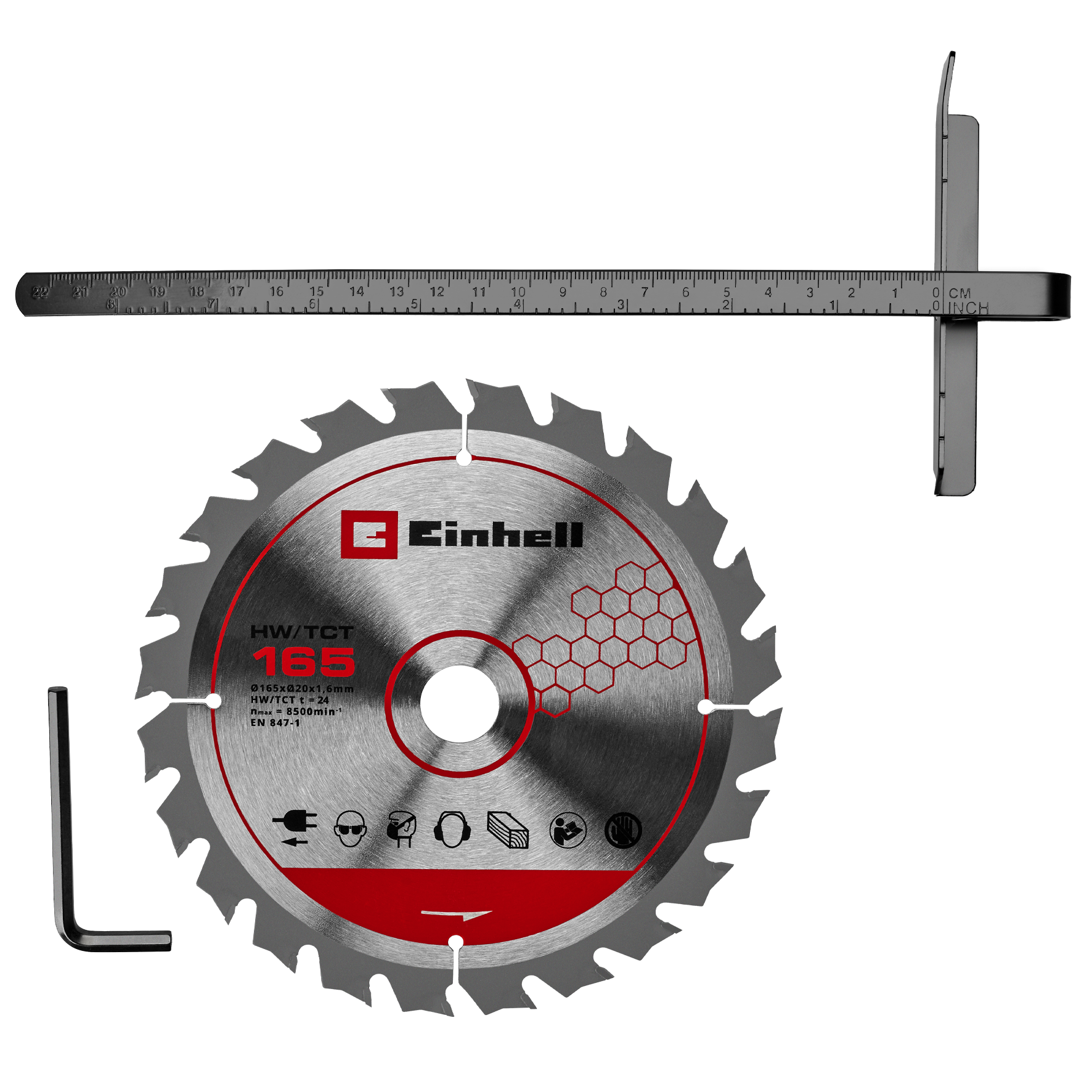 Kreissägeblatt, Lineal und Inbusschlüssel. Das Blatt hat das Einhell-Logo und technische Details.