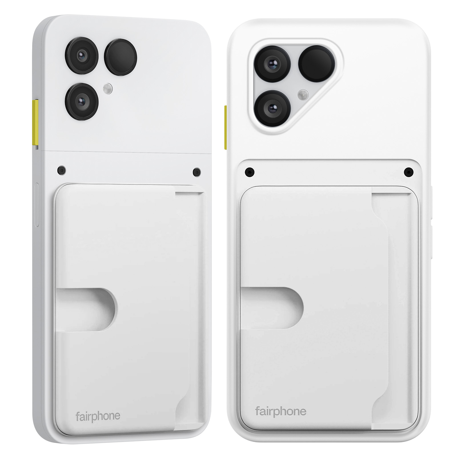 Custodia bianca per telefono Fairphone con tre lenti e portacarte. Accento giallo sul lato.