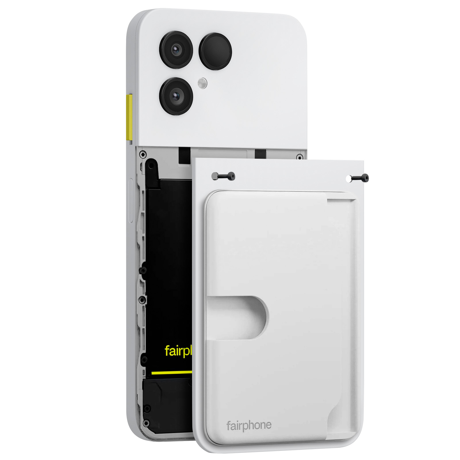 Un Fairphone bianco con la cover posteriore rimossa. Visibili la fotocamera, la batteria e la cover rimovibile.