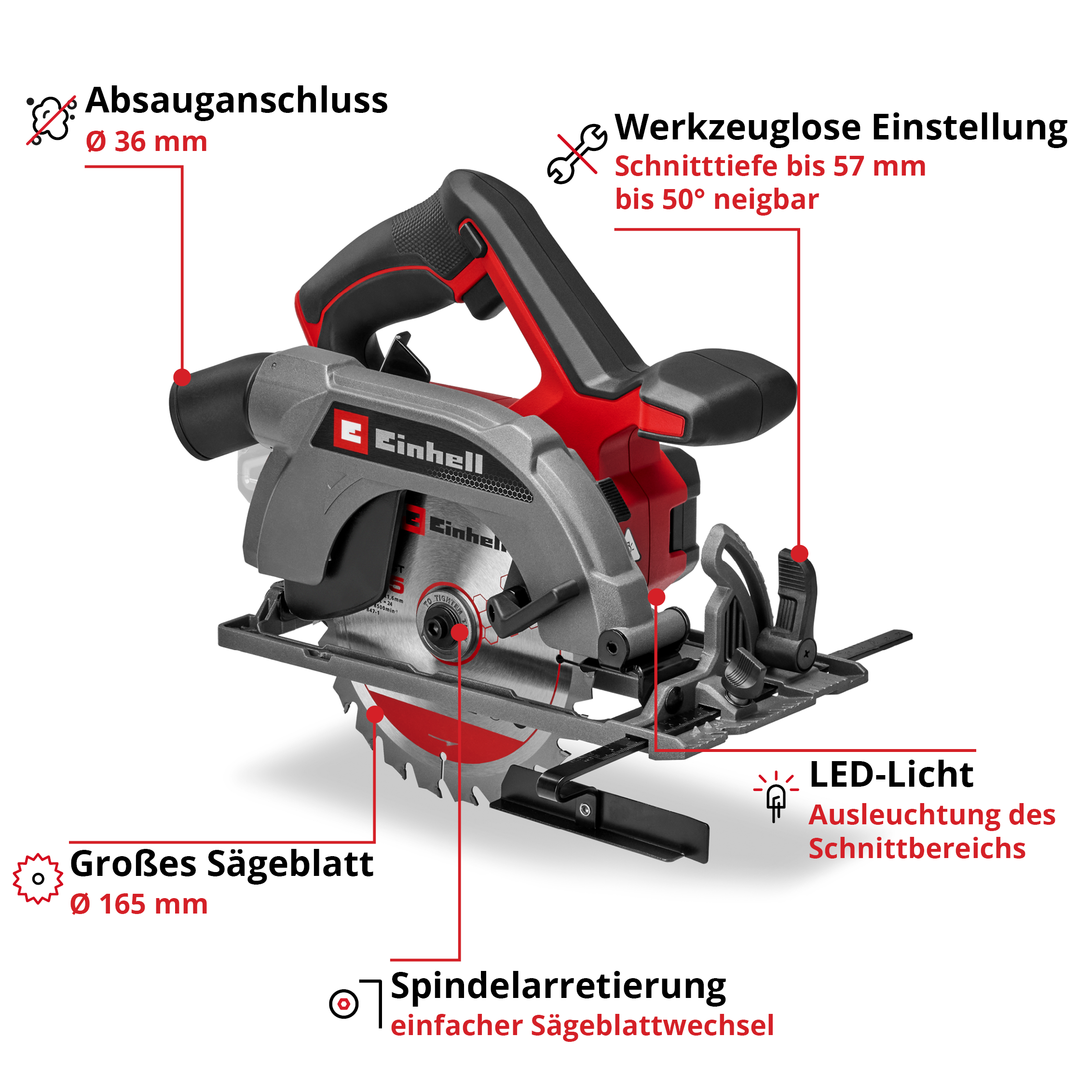 Eine silberne und rote Kreissäge. Zu den Merkmalen gehören eine große Klinge, LED-Licht, Staubabsaugung und werkzeuglose Einstellungen.