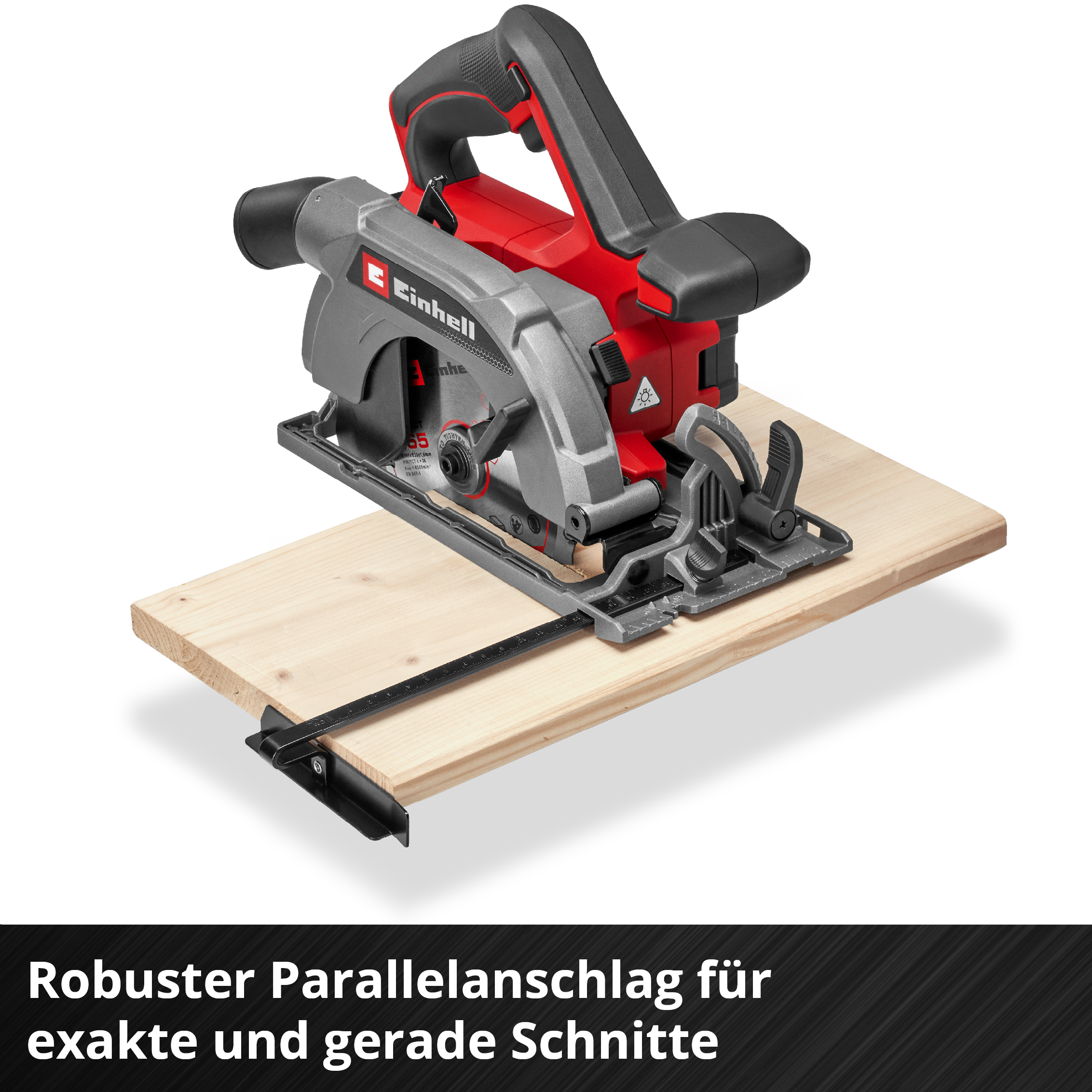 Eine rot-graue Kreissäge liegt auf einem Holzbrett. Die Säge trägt die Aufschrift "Einhell". Der Text unten sagt "Robuster Parallelanschlag für exakte Schnitte".