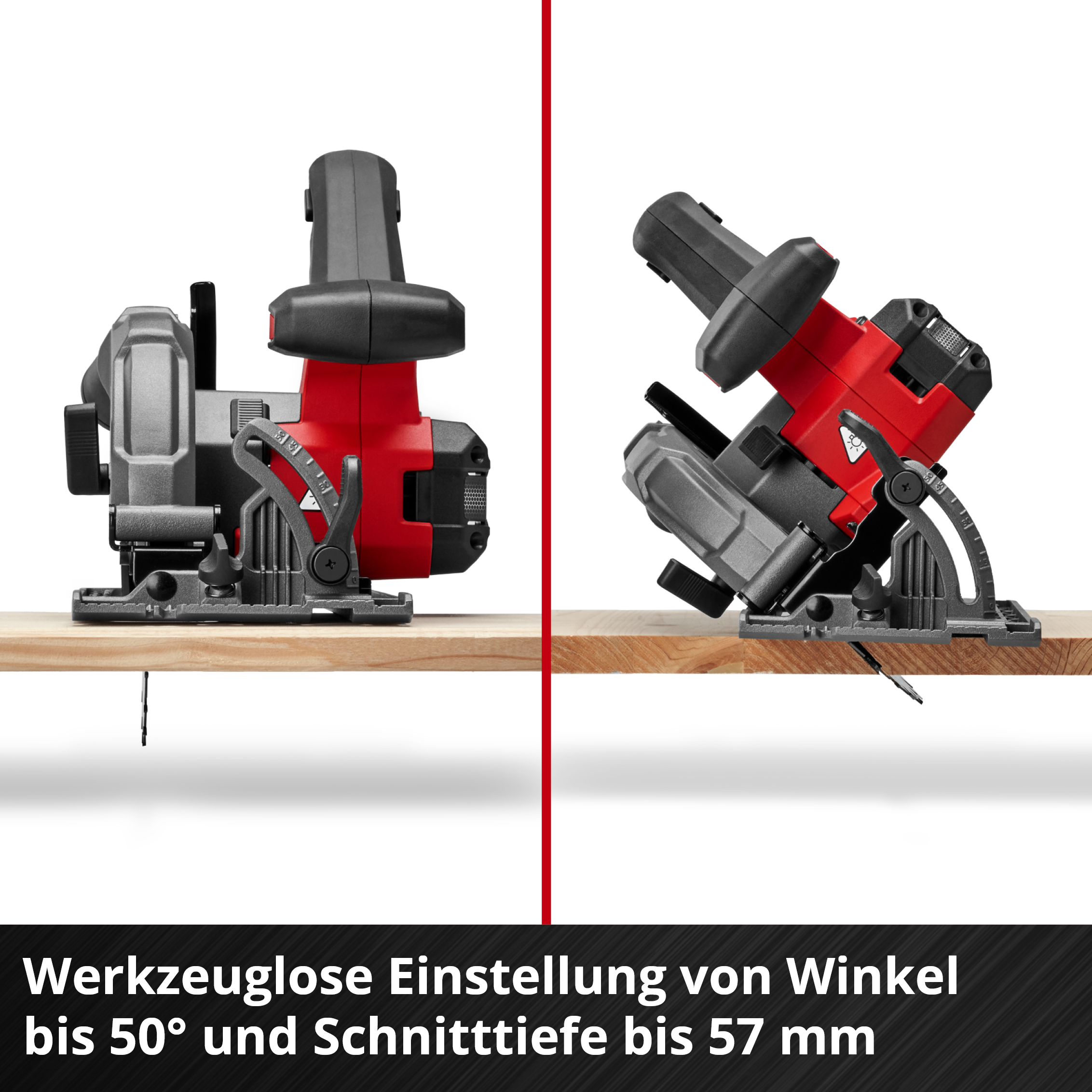 Zwei Kreissägen auf Holz. Eine gerade, eine abgewinkelt. Rote und graue Werkzeuge. Text: Werkzeuglose Winkeleinstellung bis 50°.