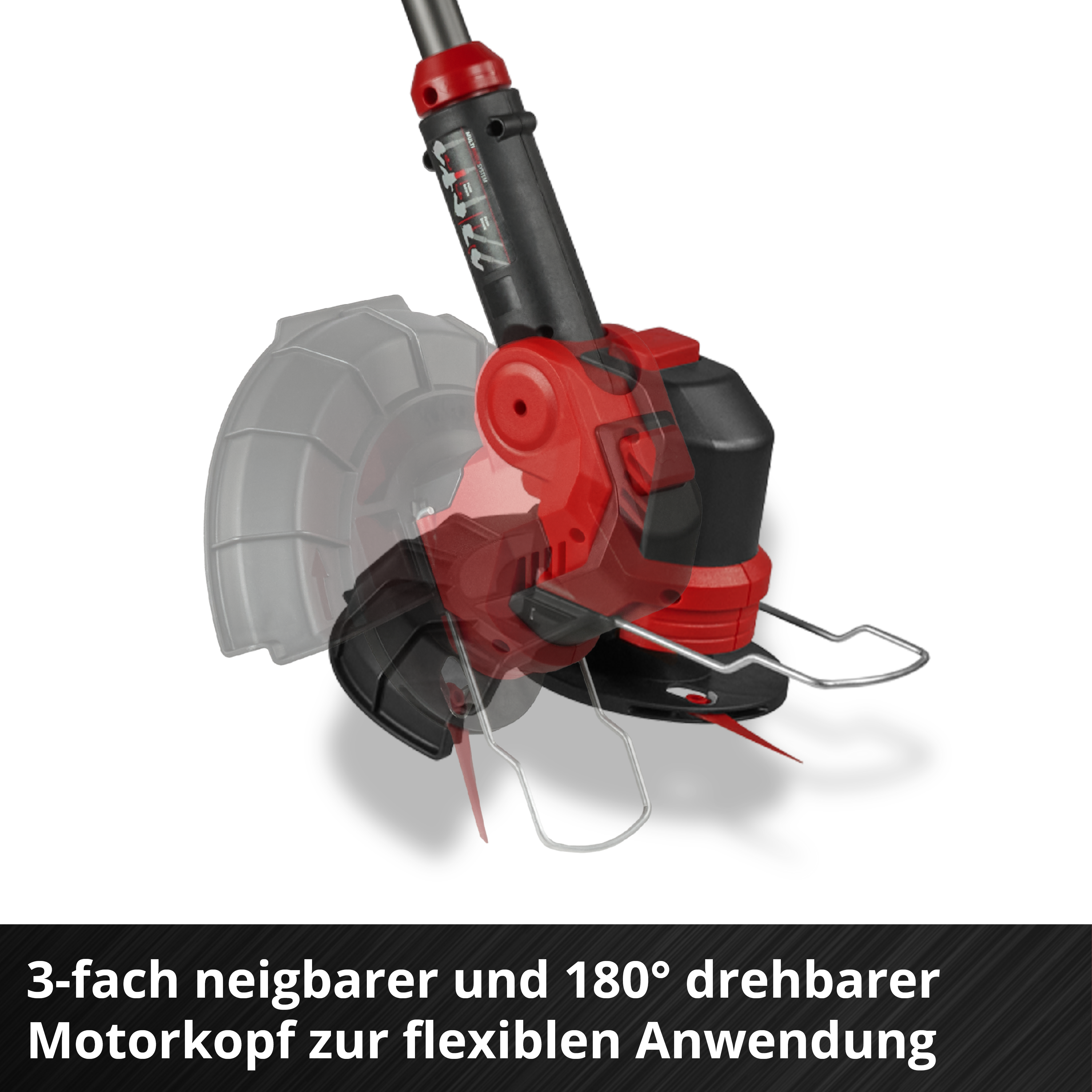 Ein roter und schwarzer Trimmer mit transparentem Schild. Der Kopf ist verstellbar. Text unten: 3-fach verstellbarer Kopf.