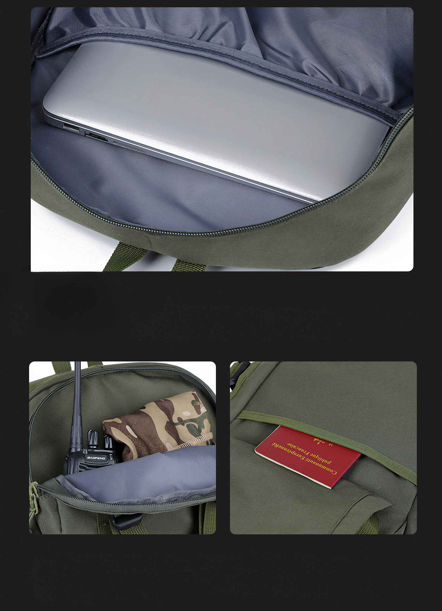 Ein offener grüner Rucksack mit einem Laptop. Weitere Fächer enthalten ein Funkgerät, Camouflage-Stoff und einen Pass.