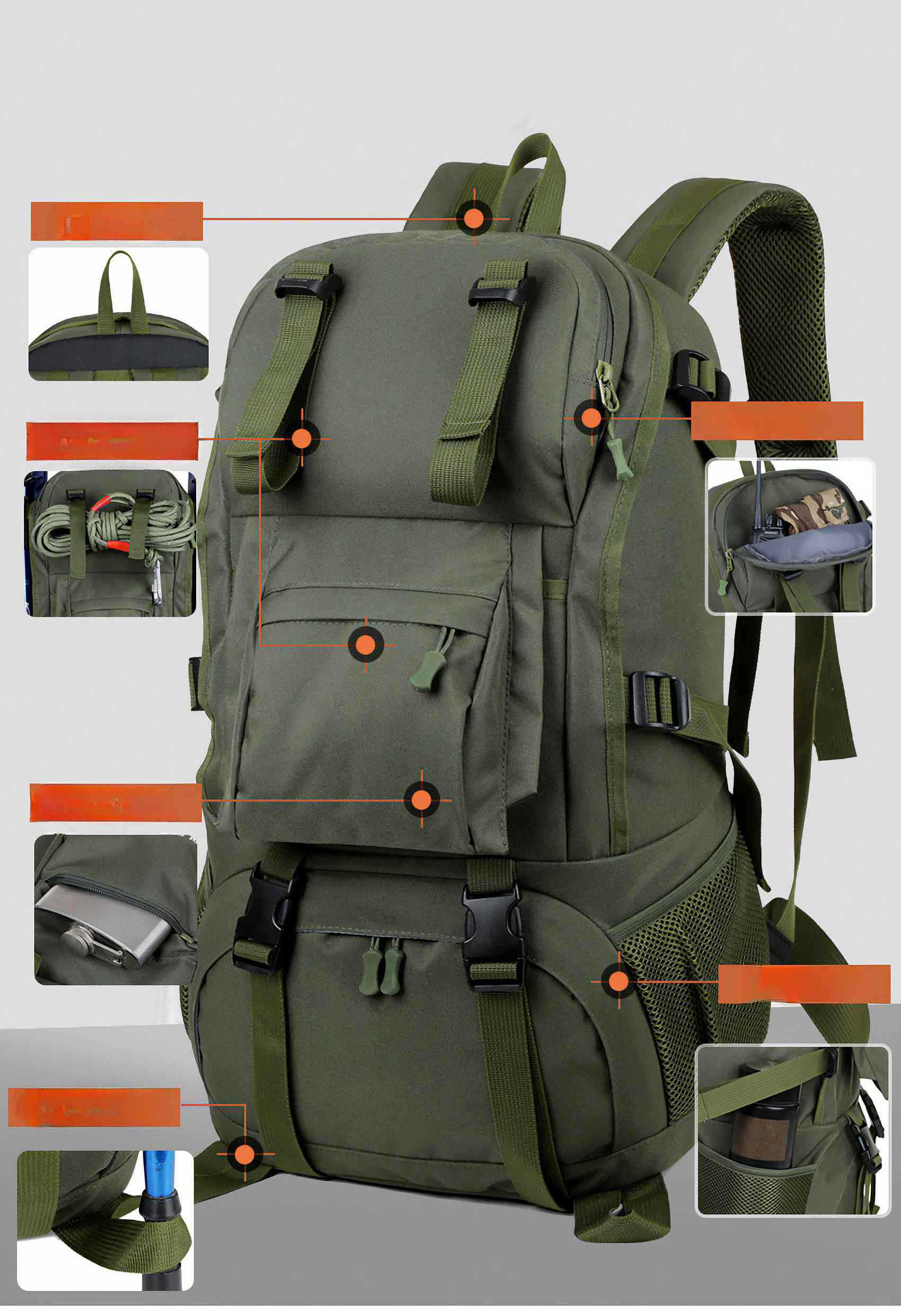 Ein olivgrüner Rucksack mit mehreren Fächern, Riemen und Taschen. Er hat verschiedene Gegenstände verstaut, darunter ein Seil und eine Flasche.