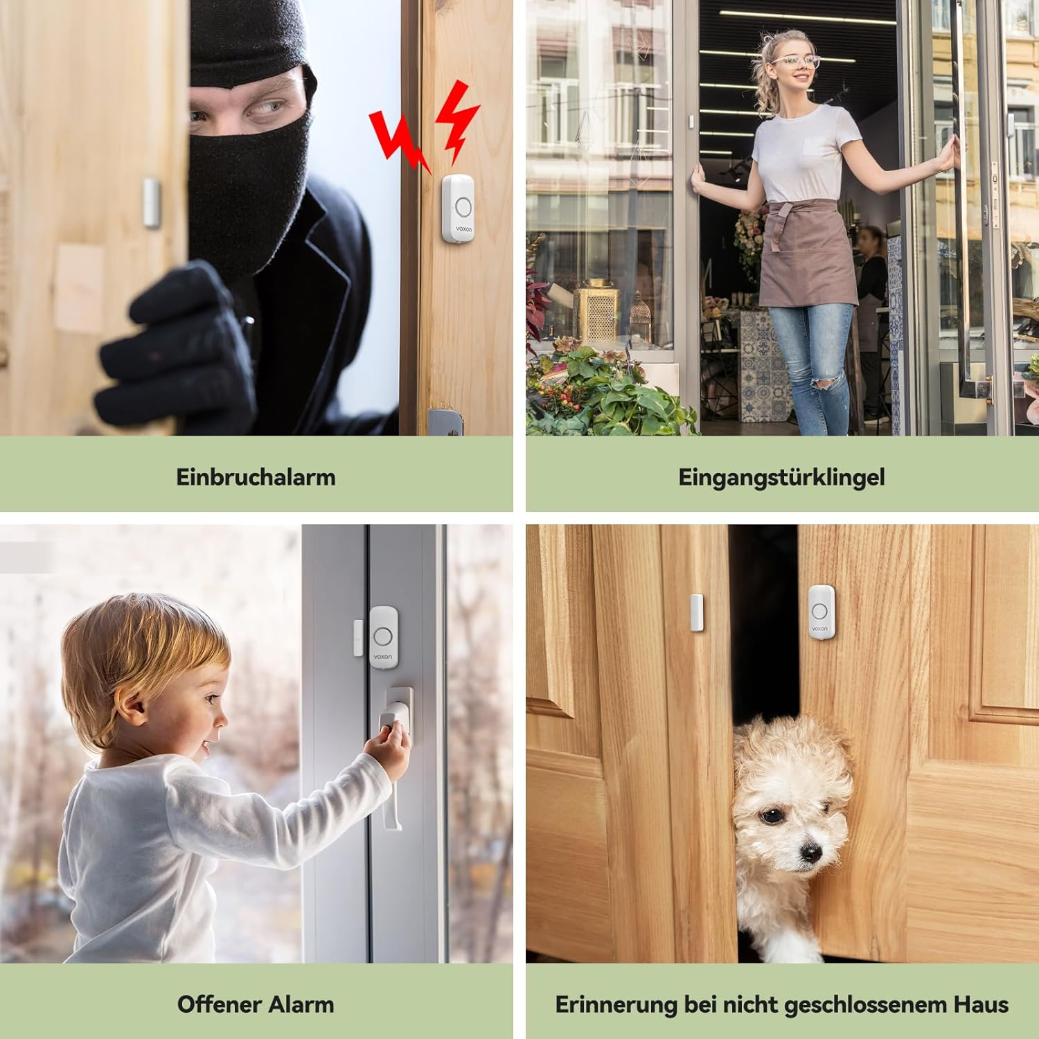 Das Bild zeigt einen Dieb, eine Tür und eine Türklingel mit einem Blitzsymbol. Die Szene ist mit 'Einbruchalarm' beschriftet.