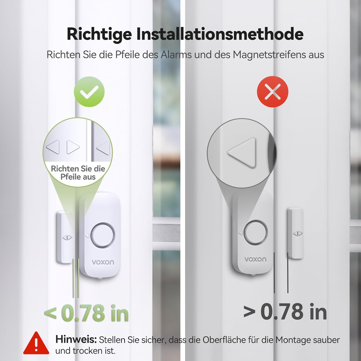 Diagramm zeigt korrekte und inkorrekte Alarminstallation. Richtig zeigt ausgerichtete Pfeile, weniger als 0,78 Zoll. Falsch zeigt nicht ausgerichtet, mehr als 0,78 Zoll.