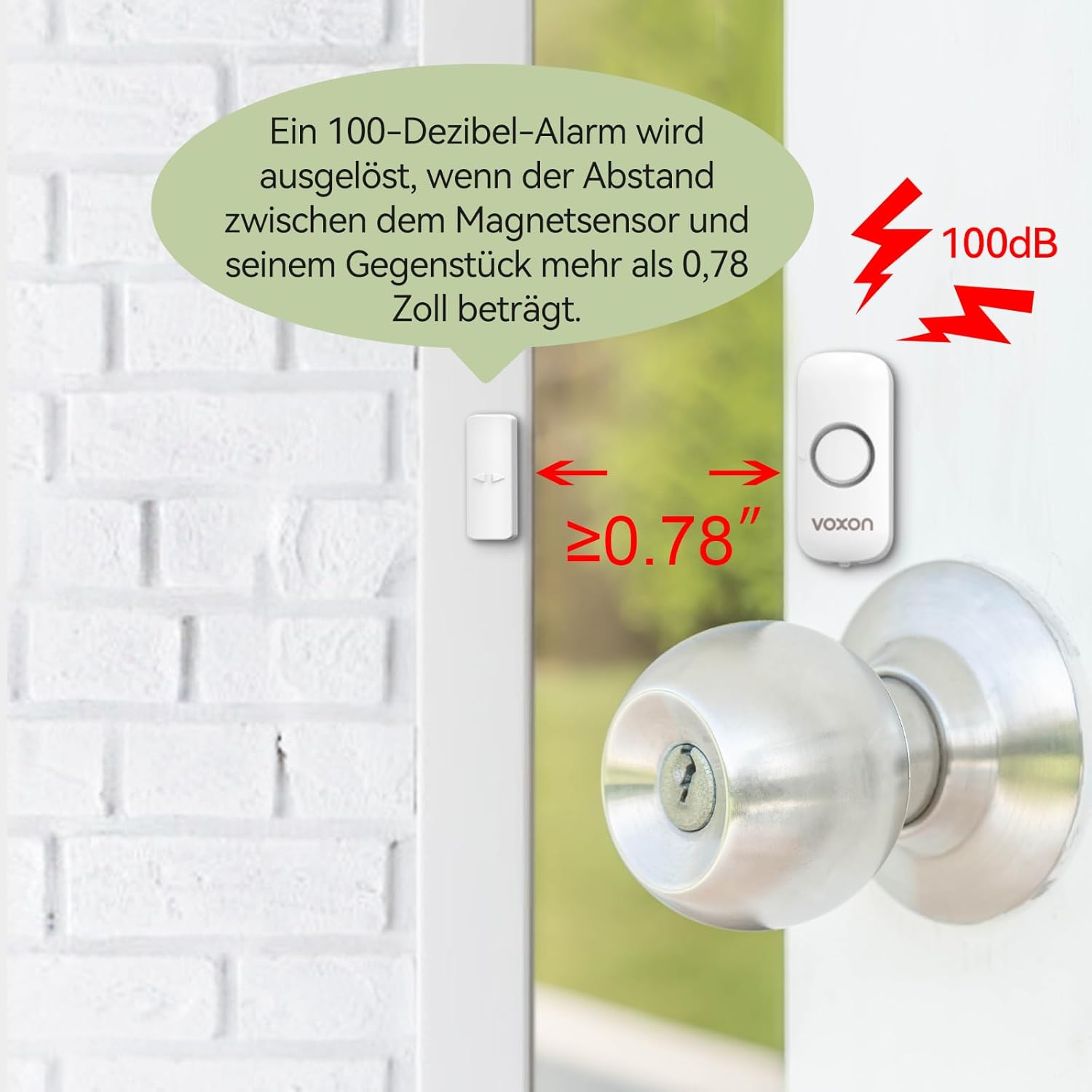 Türsensorsystem. Zeigt einen Türknauf und einen Sensor, Text zeigt Auslösung bei Abstand über 0,78 Zoll.