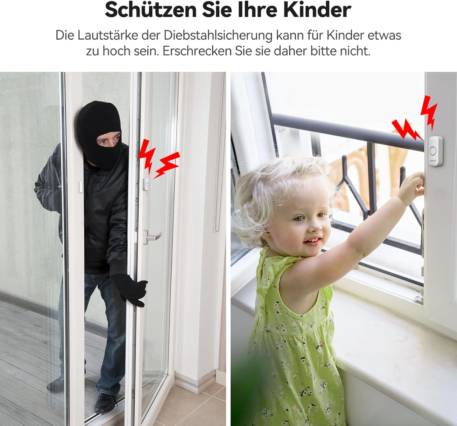 Das Bild zeigt ein Kind in der Nähe eines Fensters und einen Einbrecher. Der Text warnt vor der Alarmlautstärke.
