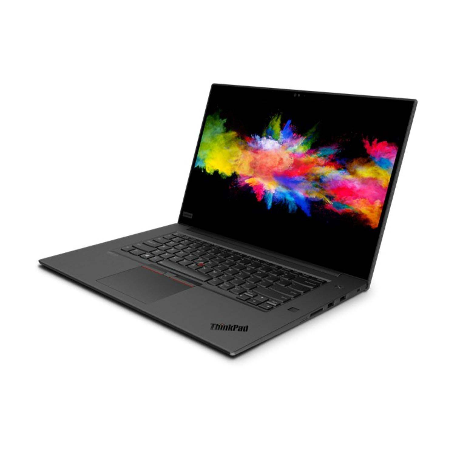 Un portátil ThinkPad negro se muestra en ángulo. La pantalla muestra arte abstracto colorido. Se ven el teclado y el panel táctil.