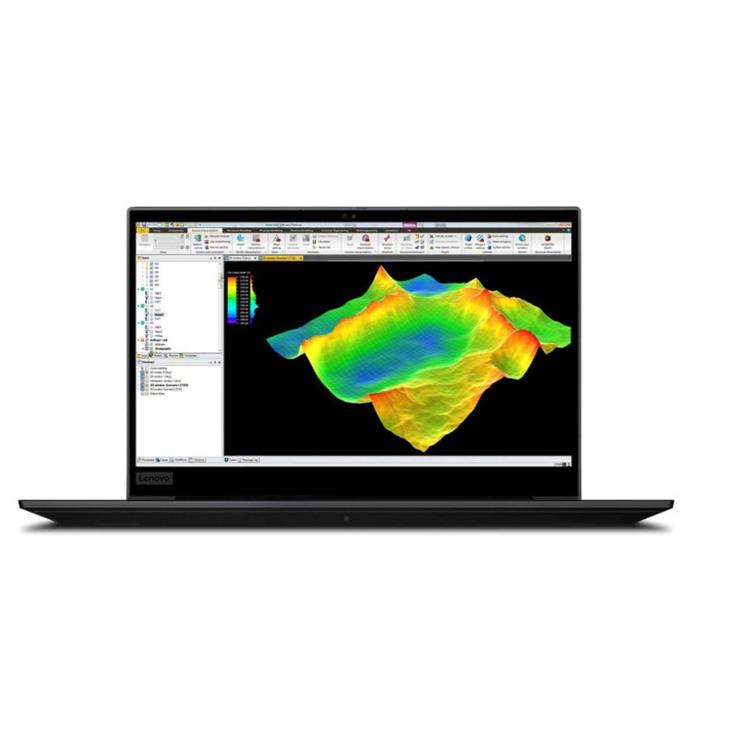 Un portátil Lenovo negro muestra un mapa topográfico 3D codificado por colores. El portátil está sobre un fondo blanco.