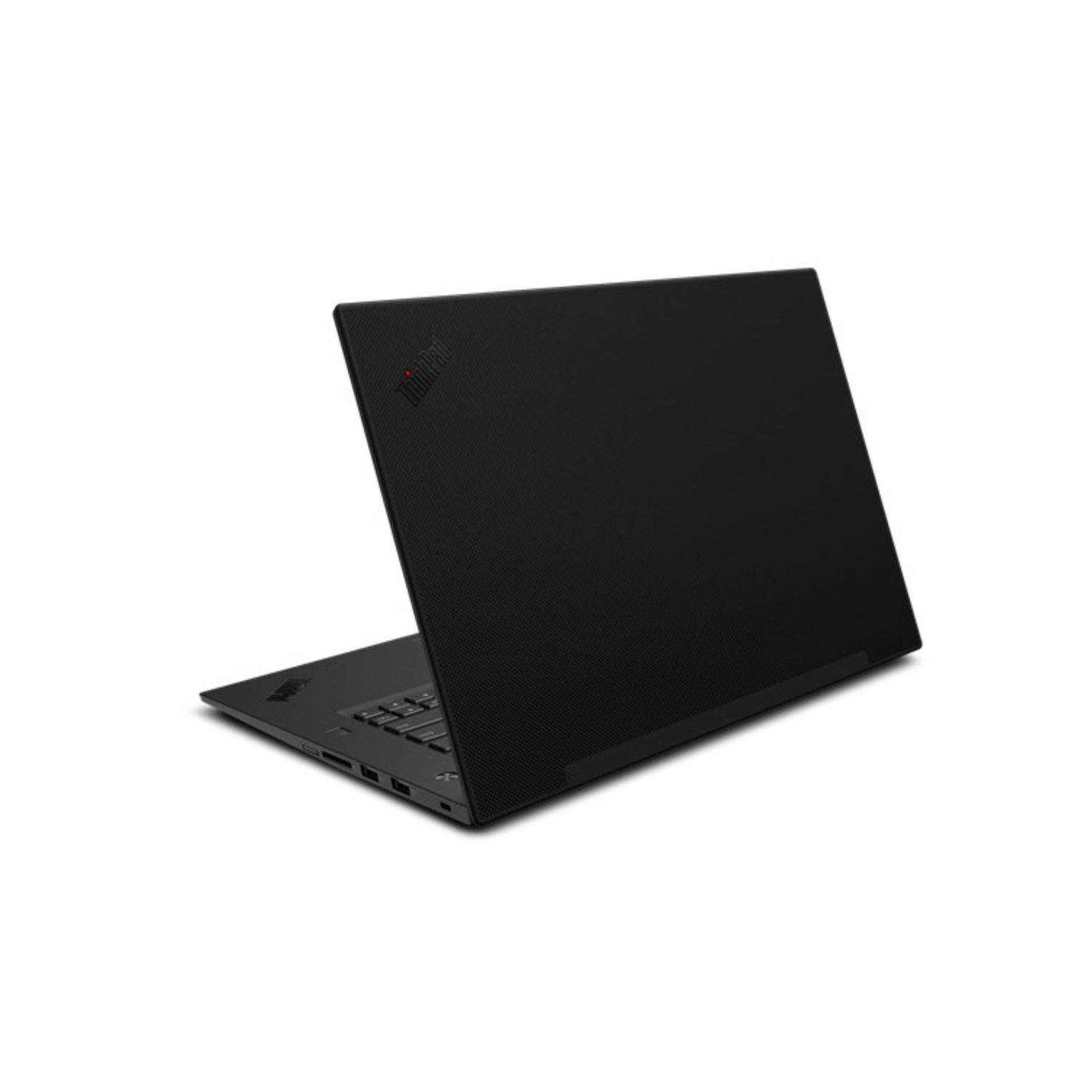La computadora portátil ThinkPad negra está ligeramente abierta. La pantalla está en ángulo, revelando el teclado y los puertos. Fondo blanco.