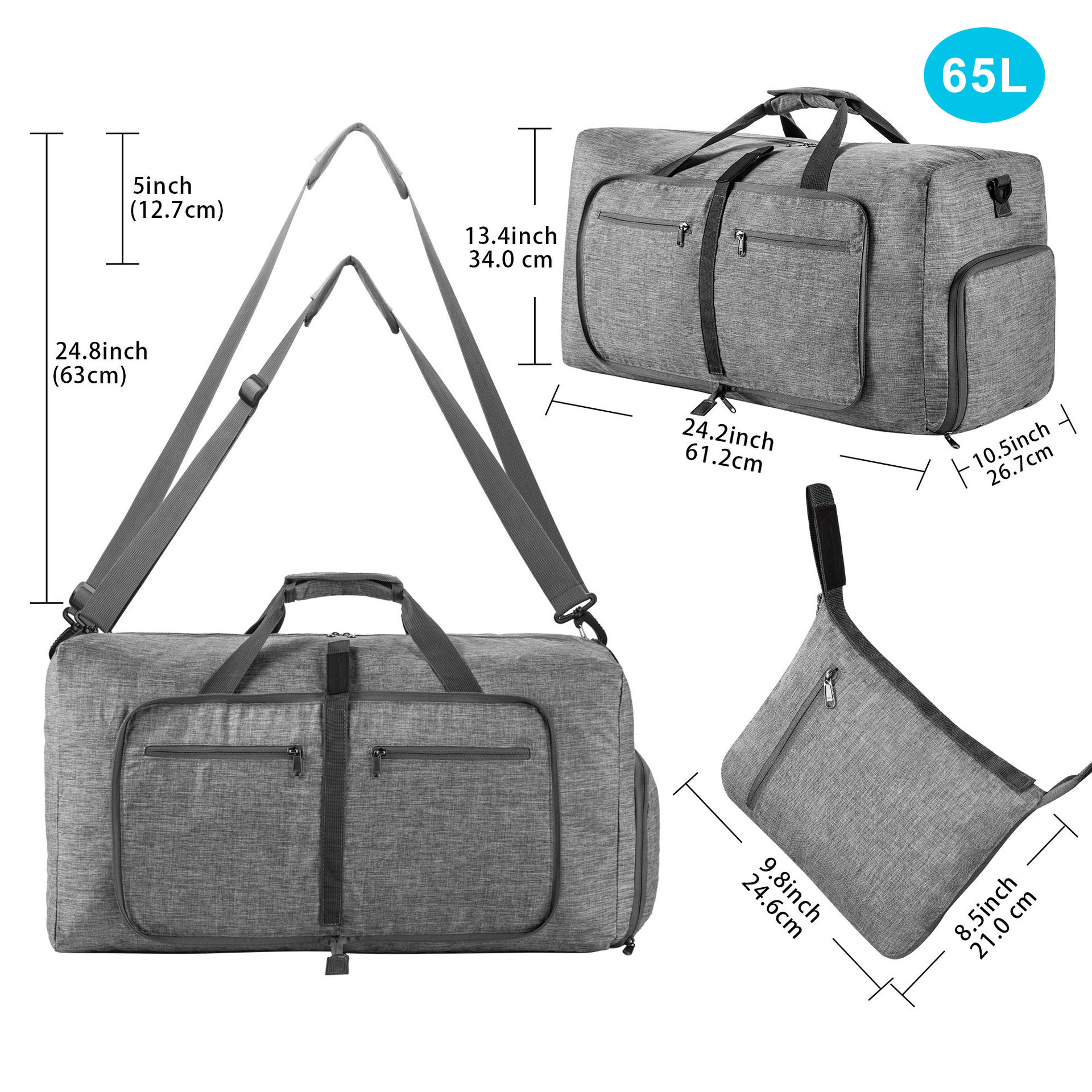 Eine graue Reisetasche mit Maßen und einer abnehmbaren Tasche. Maße in Zoll und Zentimetern sind angegeben.