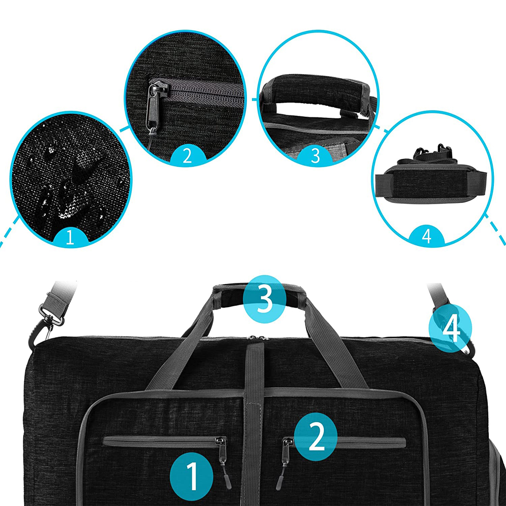 Schwarze Reisetasche mit grauen Akzenten. Details zeigen Reißverschlüsse, Griffe und einen Schultergurt. Wassertropfen auf Stoff sichtbar.