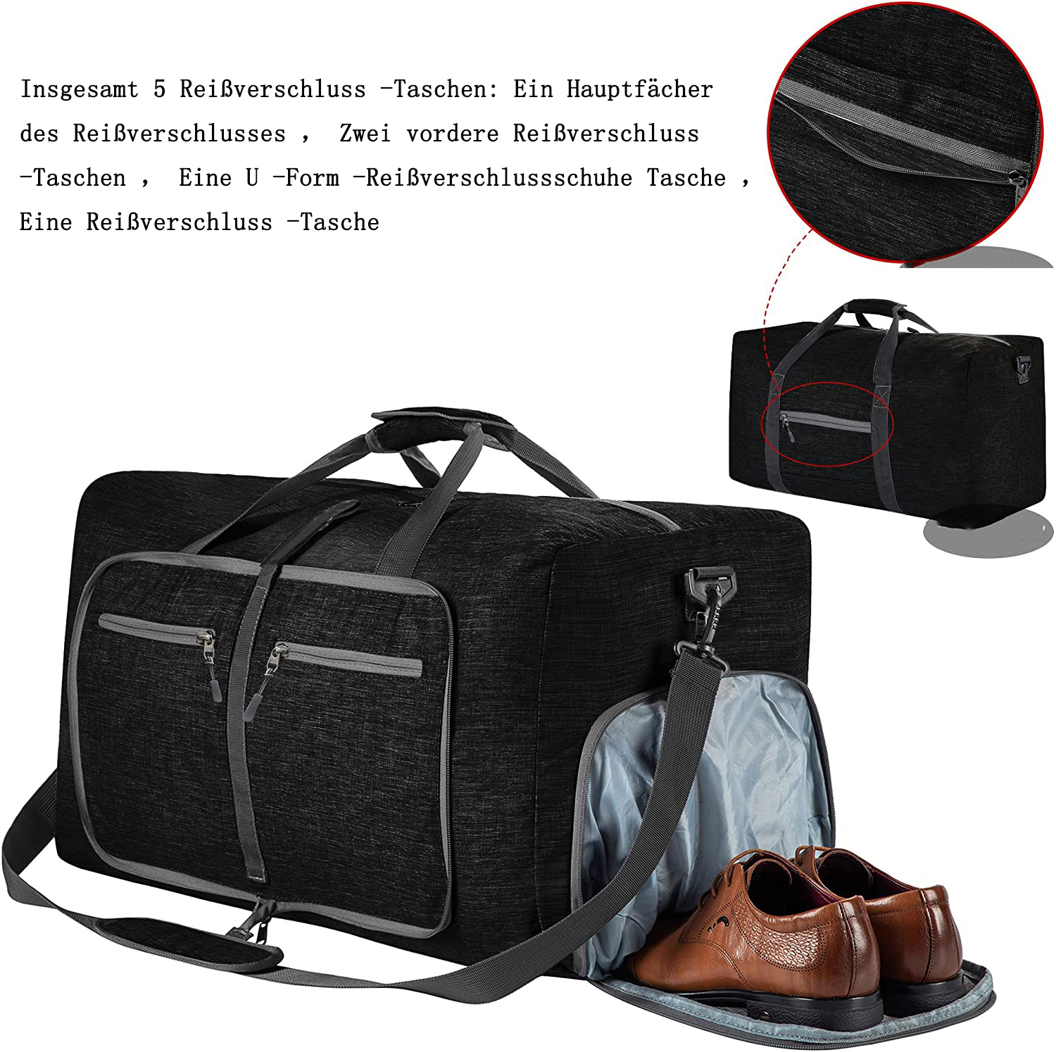 Eine schwarze Reisetasche mit grauen Akzenten. Braune Lederschuhe befinden sich in einem offenen Fach. Details der Reißverschlüsse sind hervorgehoben.