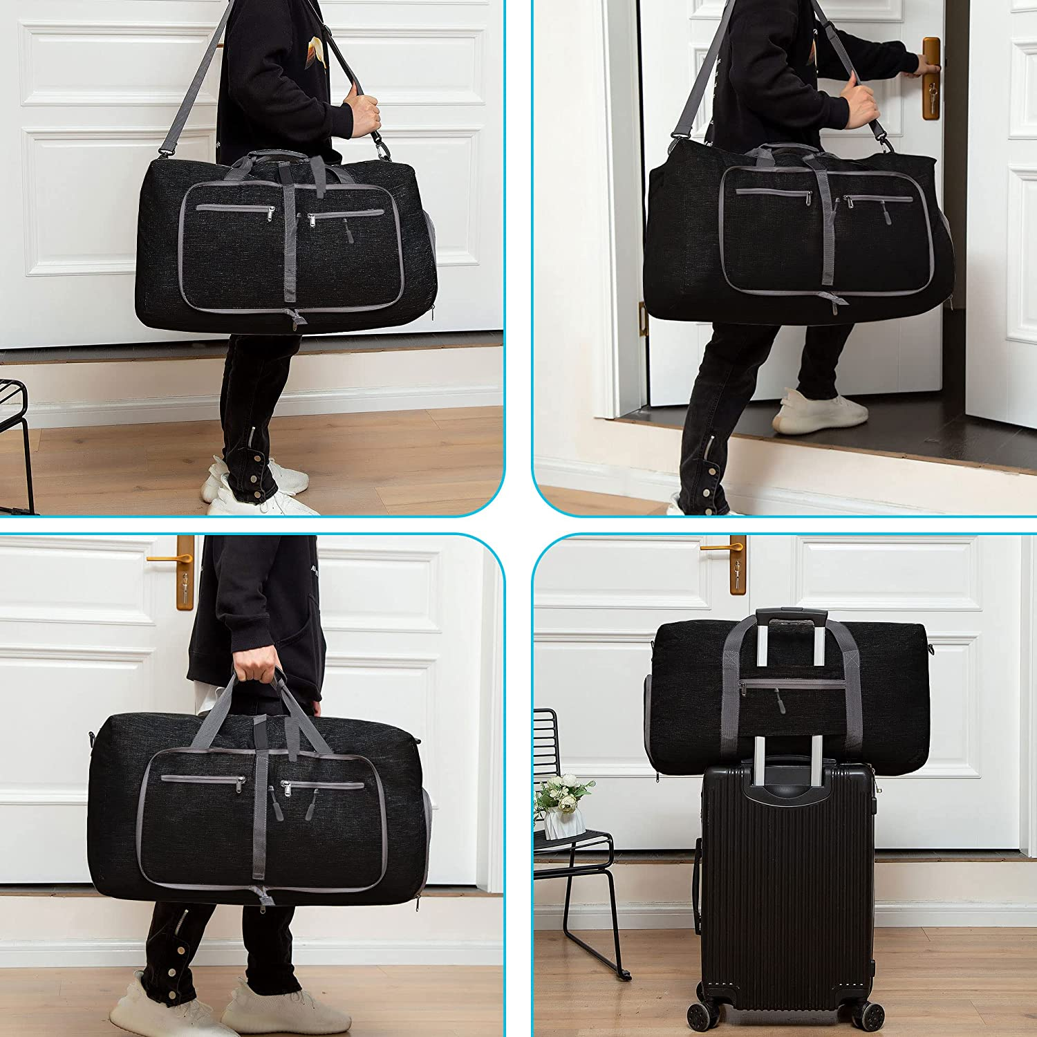 Eine Person hält eine schwarze Reisetasche mit grauen Akzenten. Die Tasche befindet sich auf einem Koffer, und die Person steht in der Nähe einer Tür.
