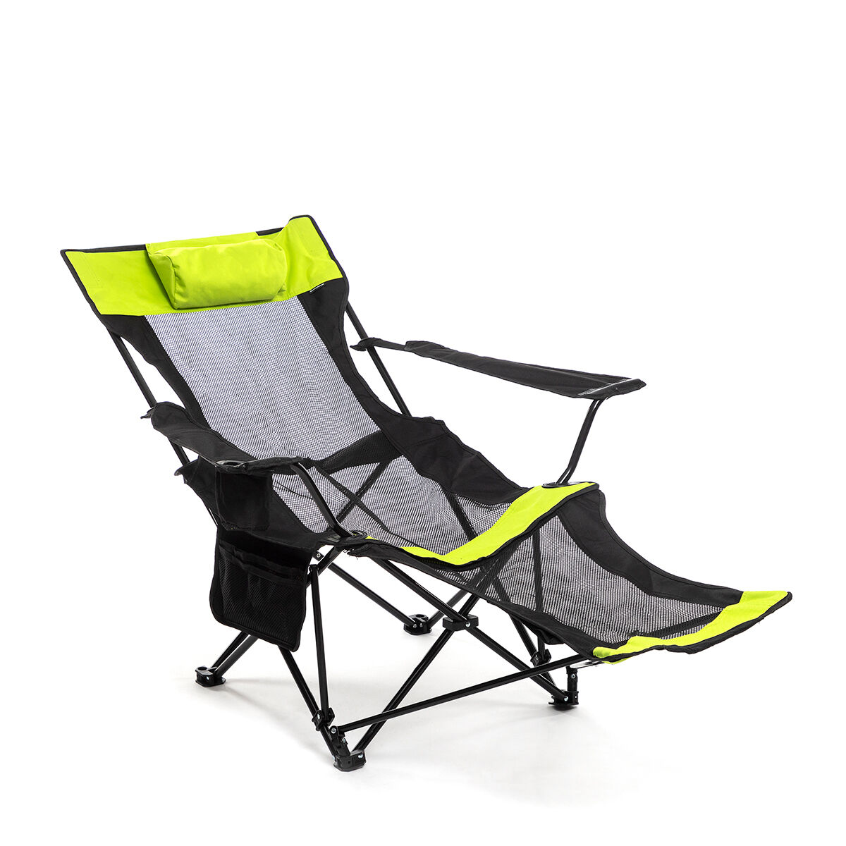 Una sedia pieghevole da esterno con telaio nero e dettagli verde neon. Include poggiatesta, braccioli e poggiapiedi su sfondo bianco.