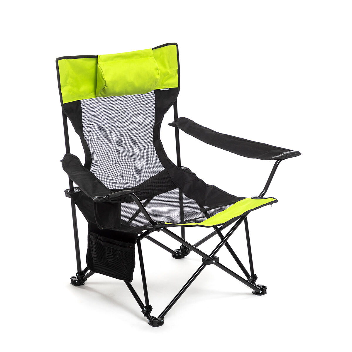 Una sedia da campeggio pieghevole con telaio nero, dettagli verde neon e seduta in rete nera. Poggiatesta verde neon.