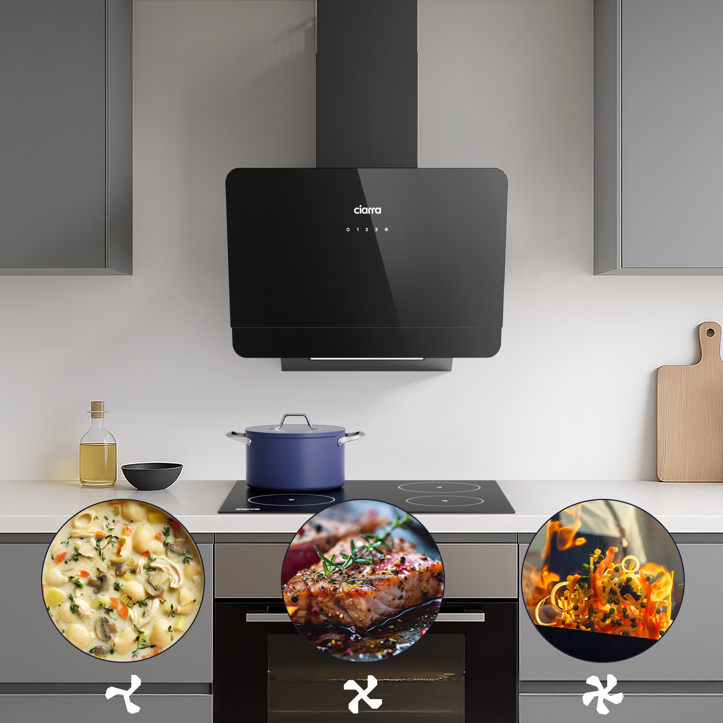 Keuken met zwarte afzuigkap, fornuis en voedselillustraties: soep, biefstuk en roerbak.
