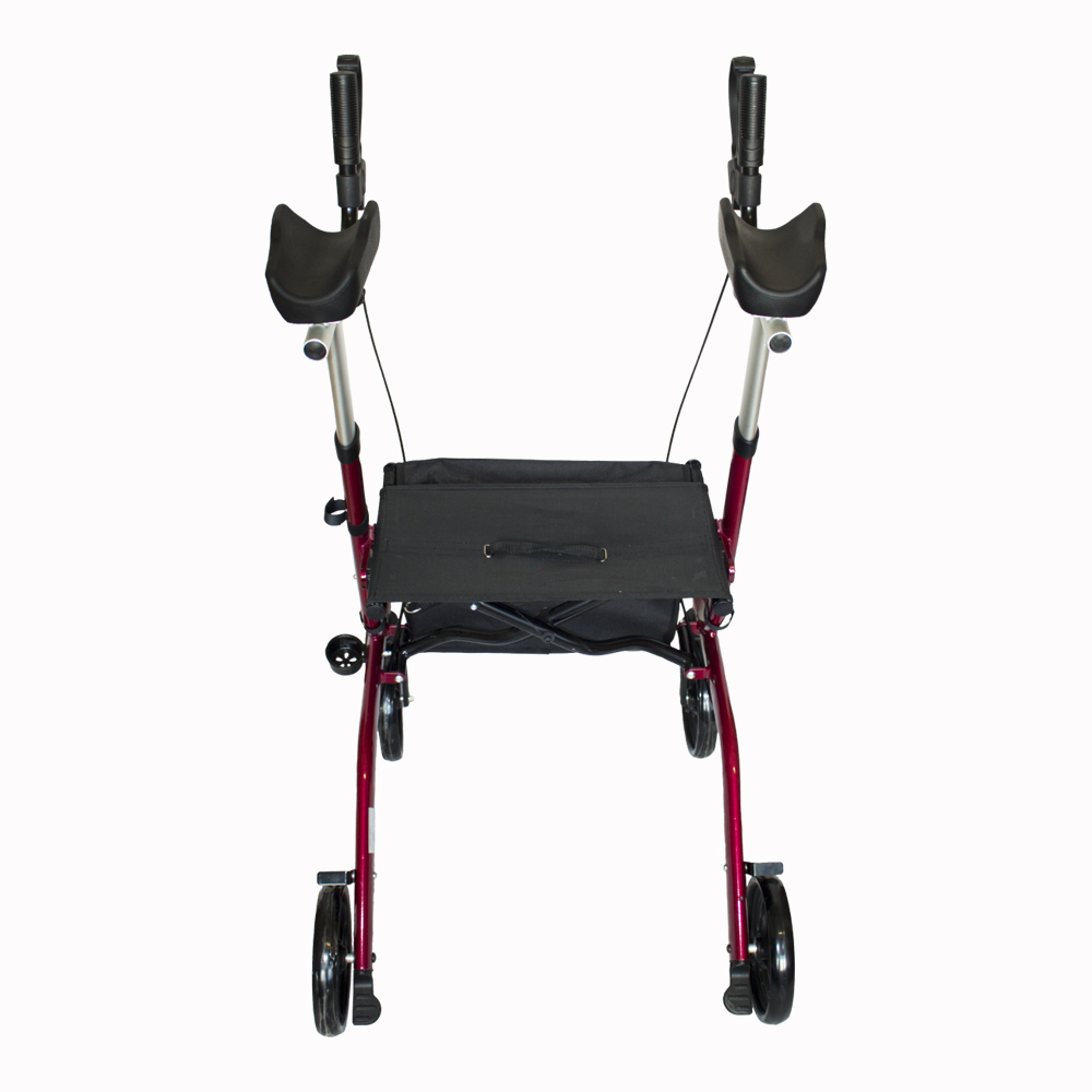 Ein roter Rollator mit schwarzen Armlehnen, einem Sitz und Rädern. Er steht auf weißem Hintergrund.
